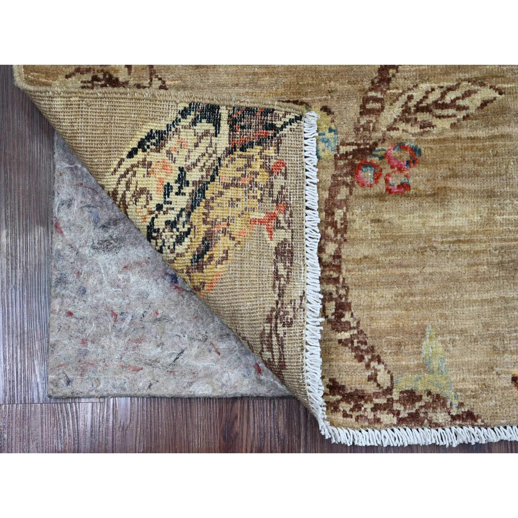 2'x3' Khaki Brown, Sparrows on the Tree, Peshawar, Pure Wool, Densely Woven, Hand Knotted, Soft to the Touch, Mat, Sample, Oriental Rug Sh21017