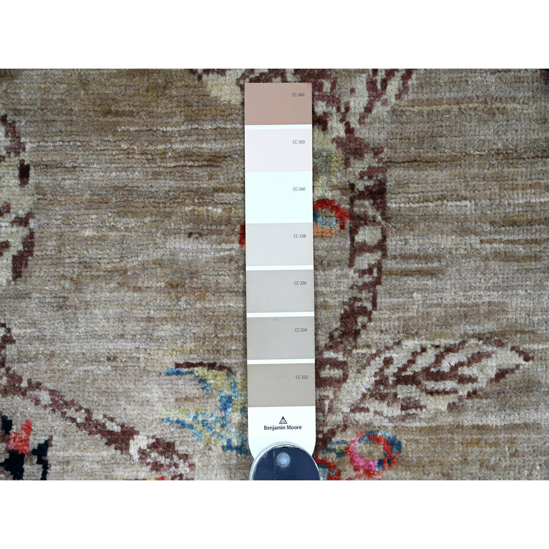 2'x3' Khaki Brown, Sparrows on the Tree, Peshawar, Pure Wool, Densely Woven, Hand Knotted, Soft to the Touch, Mat, Sample, Oriental Rug Sh21017