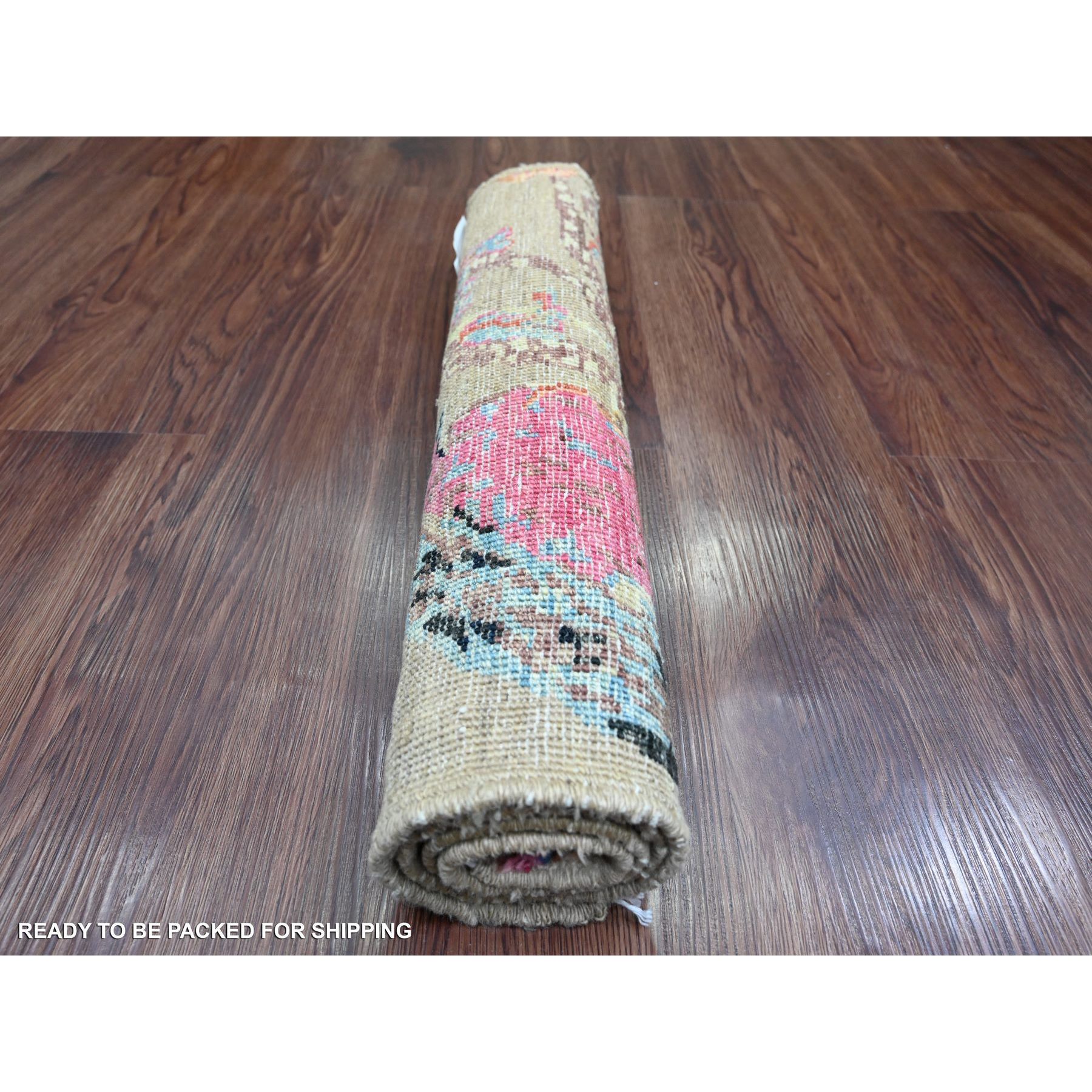 2'x3' Khaki Brown, Sparrows on the Tree, Peshawar, Pure Wool, Densely Woven, Hand Knotted, Soft to the Touch, Mat, Sample, Oriental Rug Sh21017