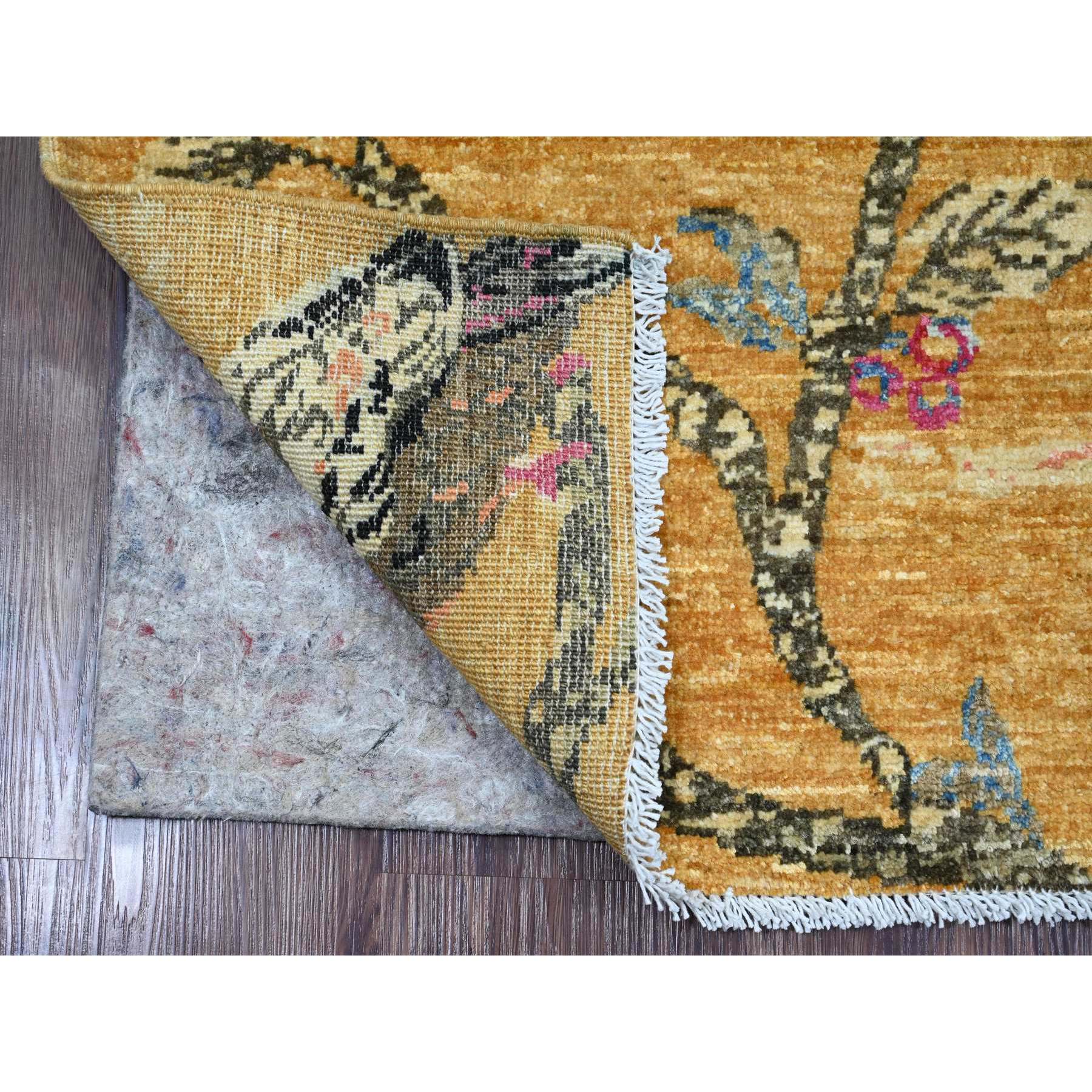 2'x2'10" Ochre Brown, Sparrows on the Tree, Peshawar, Pure Wool, Soft to the Touch, Hand Knotted, Densely Woven, Mat, Sample, Oriental Rug Sh21019