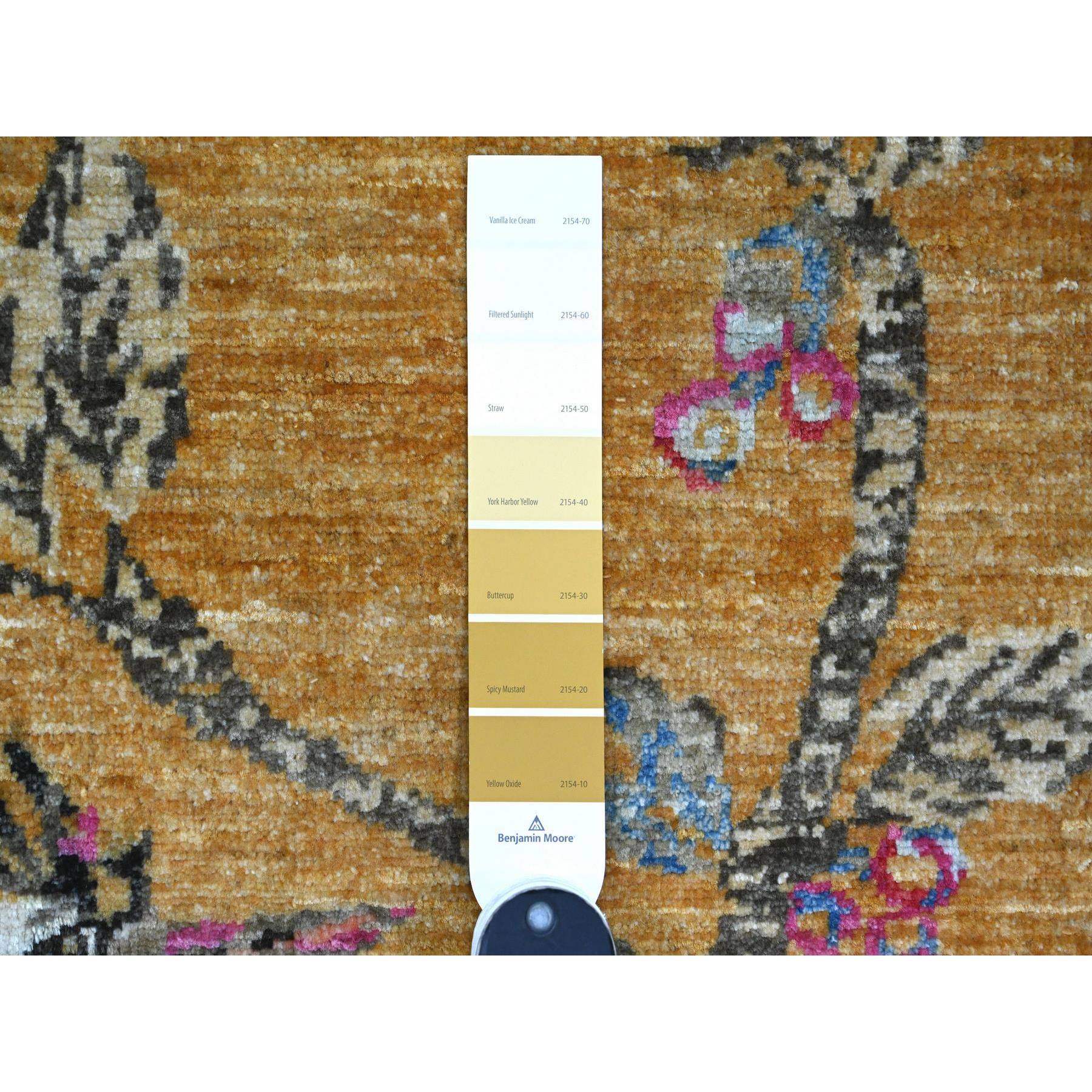 2'x2'10" Ochre Brown, Sparrows on the Tree, Peshawar, Pure Wool, Soft to the Touch, Hand Knotted, Densely Woven, Mat, Sample, Oriental Rug Sh21019