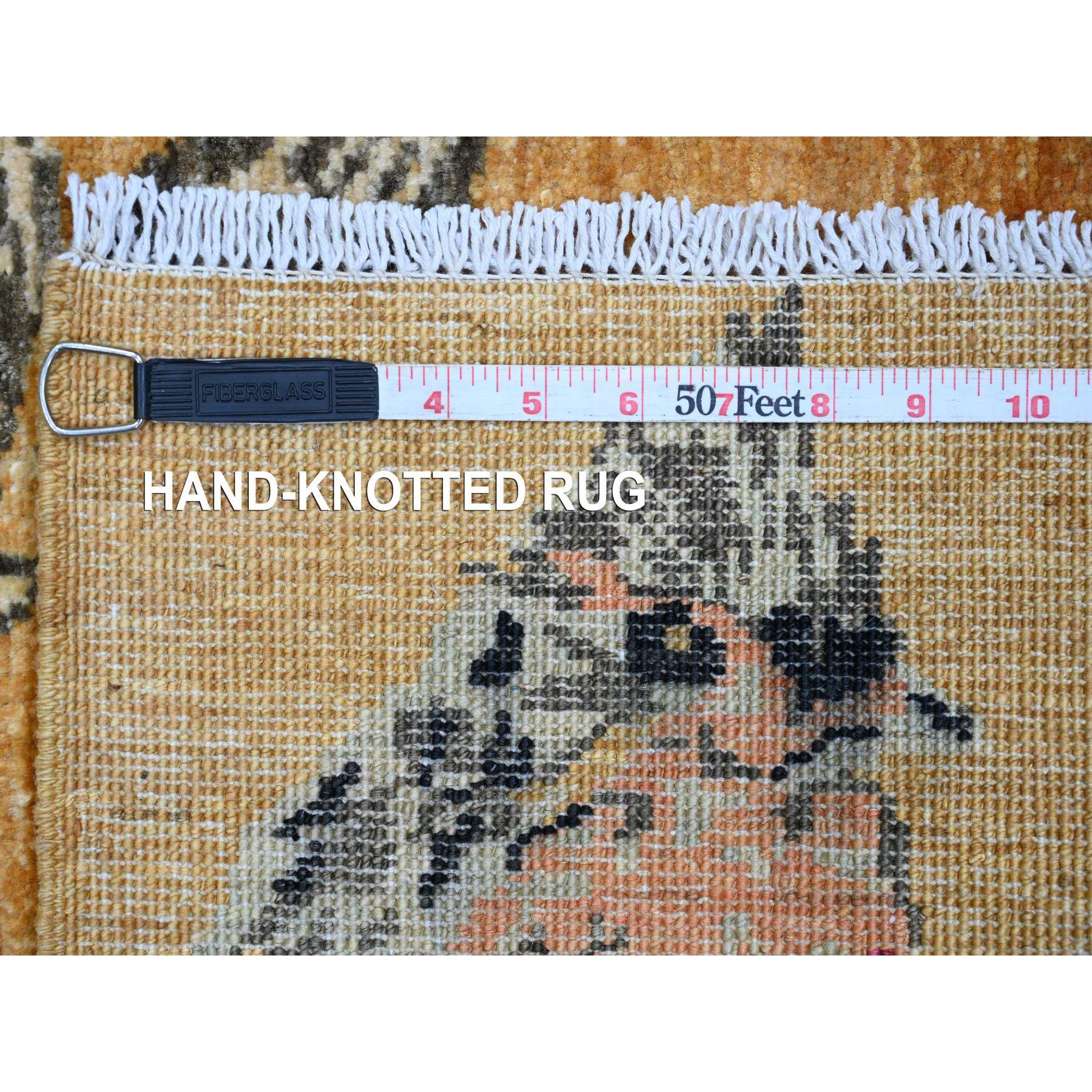 2'x2'10" Ochre Brown, Sparrows on the Tree, Peshawar, Pure Wool, Soft to the Touch, Hand Knotted, Densely Woven, Mat, Sample, Oriental Rug Sh21019