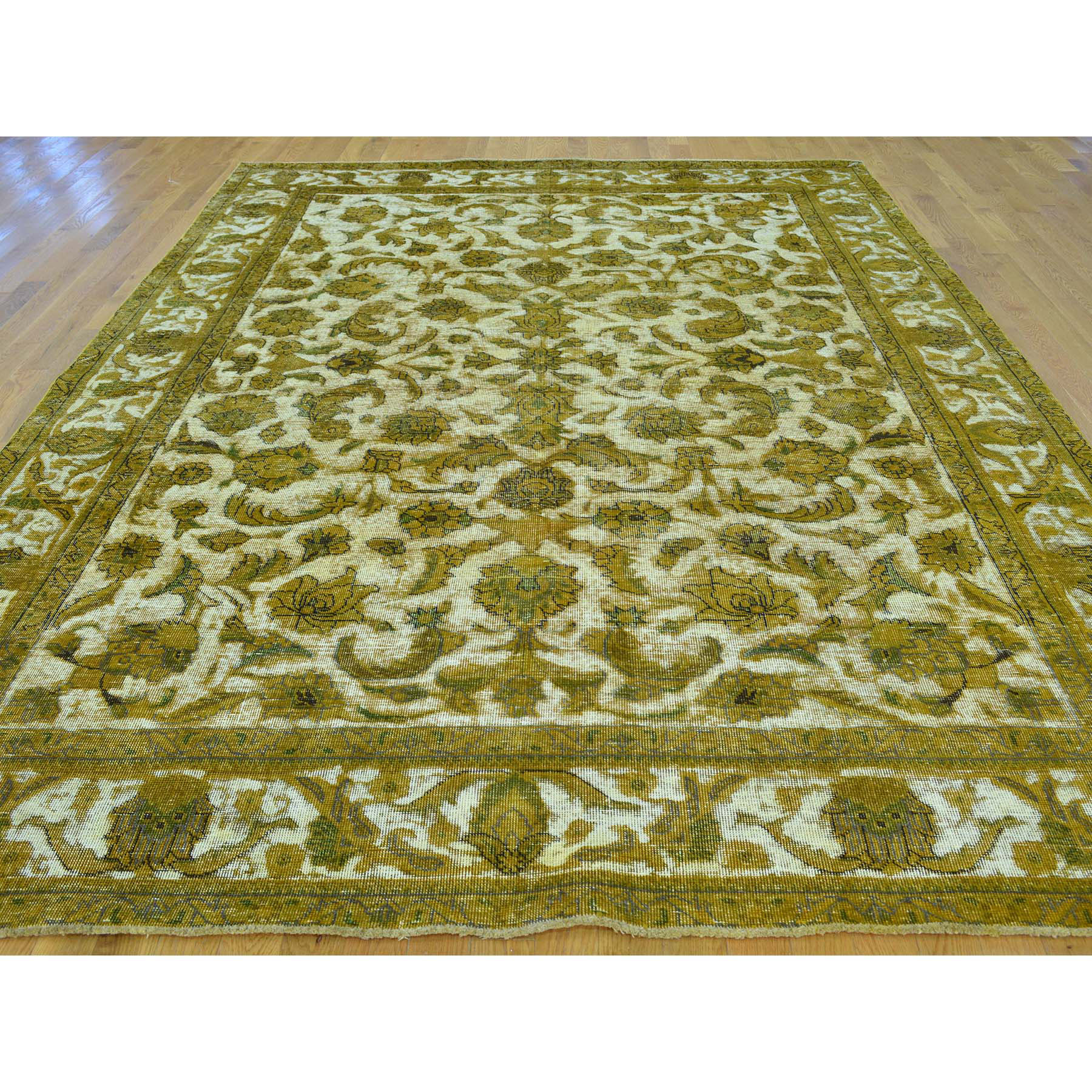8-x11- Gold Overdyed Hand Knotted Persian Tabriz Barjasta Vintage Rug 