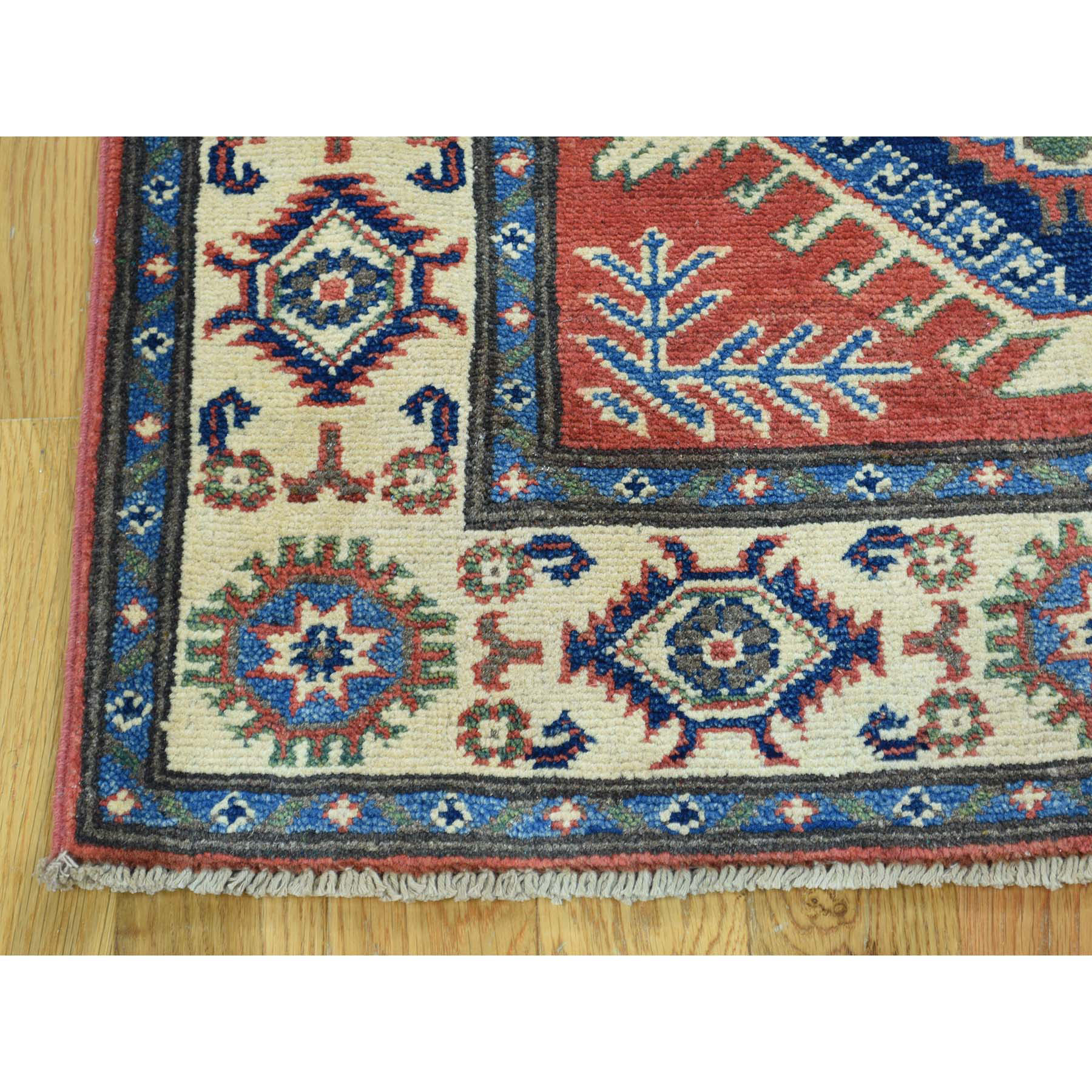 2-10 x9-10  Red Hand-Knotted Geometric Design Pure Wool Runner Kazak Rug 