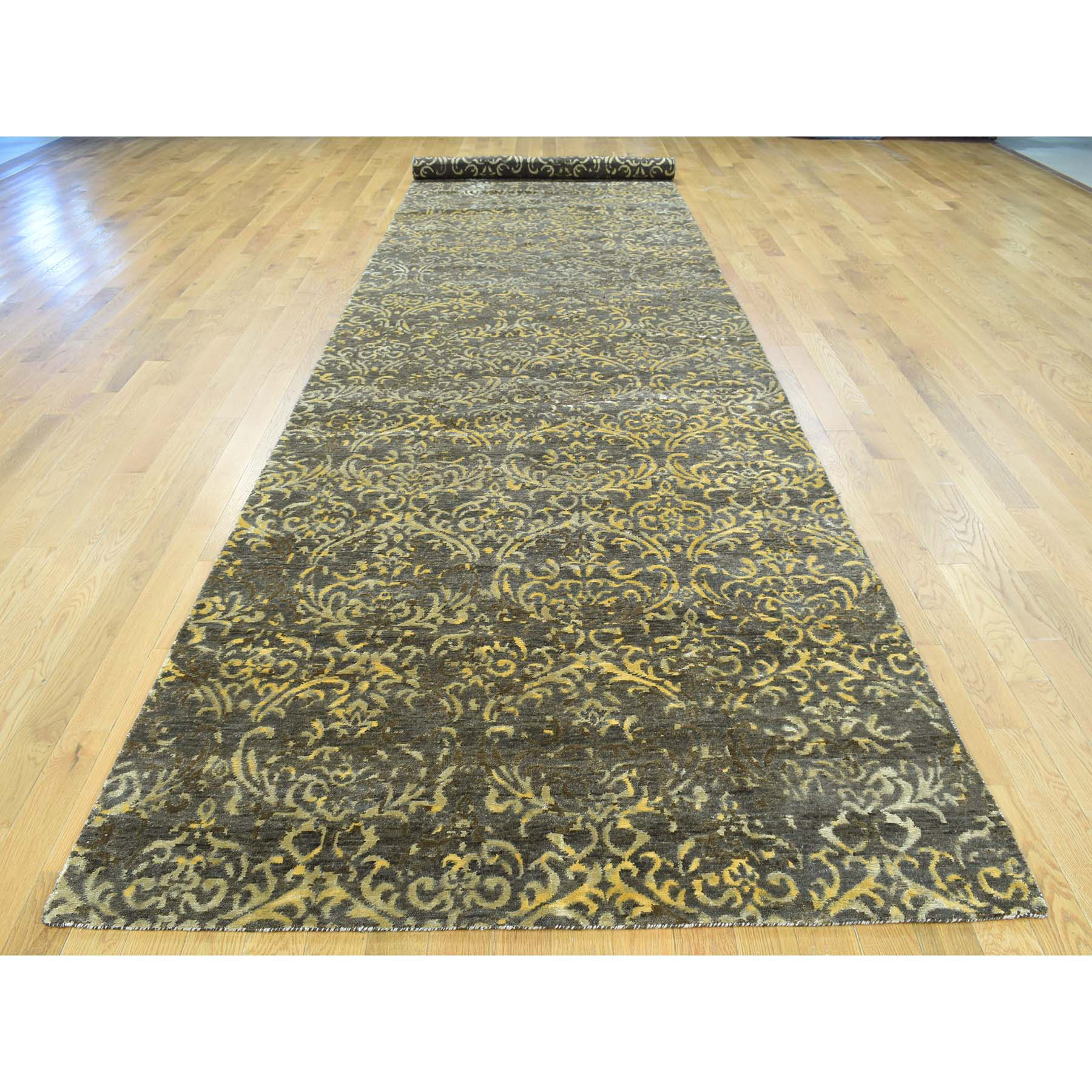 4-6 x18-3  Hand-Knotted Tone on Tone Damask Wool and Silk Gallery Rug 