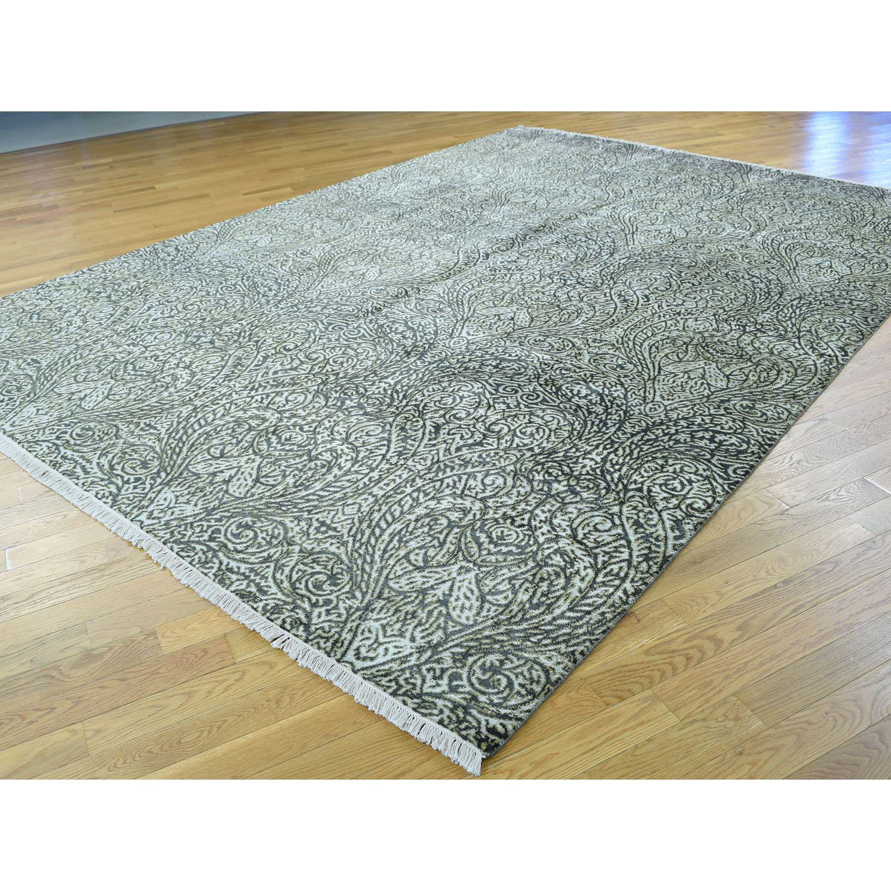 8-8 x12-3  Hand-Knotted Wool and Silk Tone on Tone Damask Design Rug 