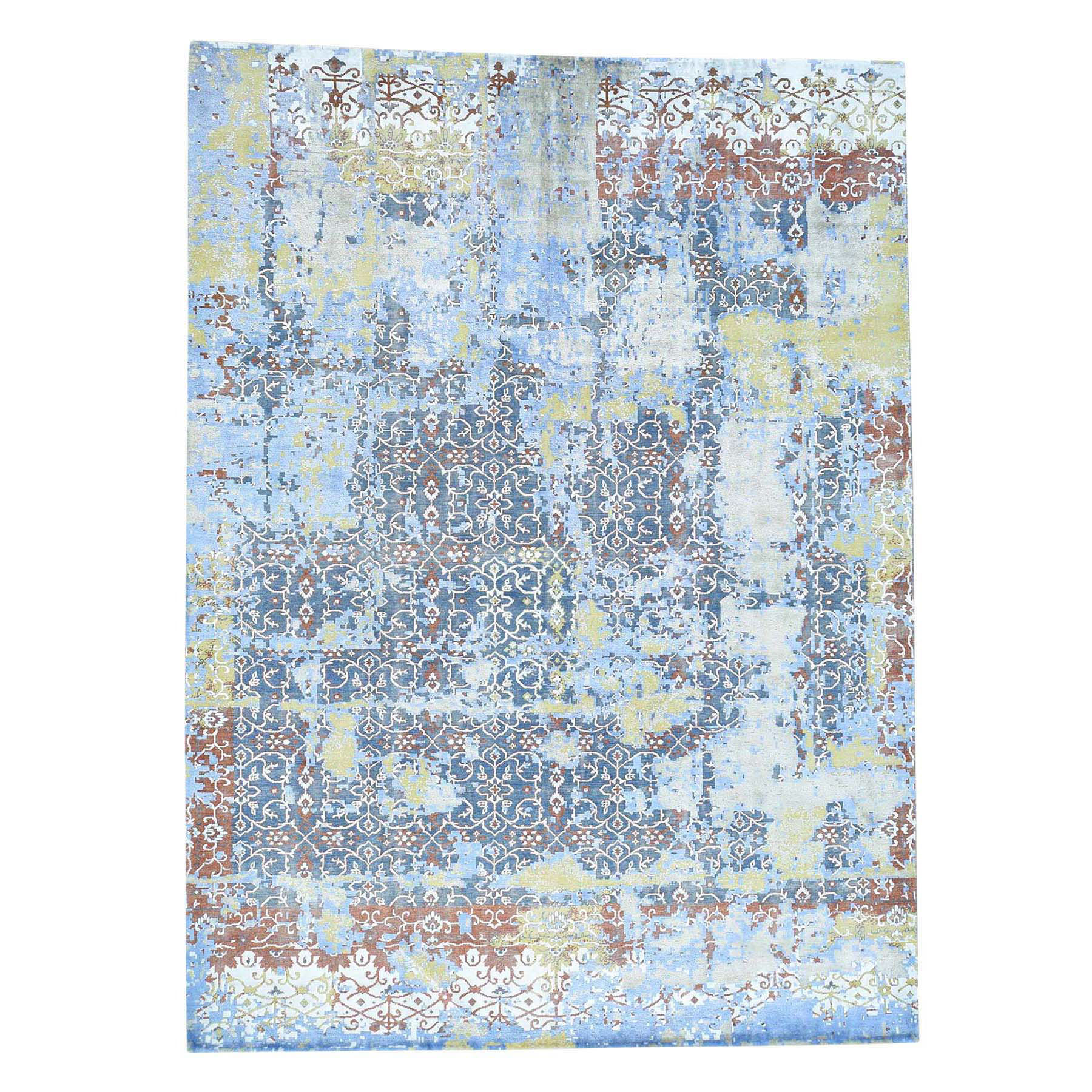 9-9 x14- Textured Wool With Silk Abstract Design Handmade Rug 
