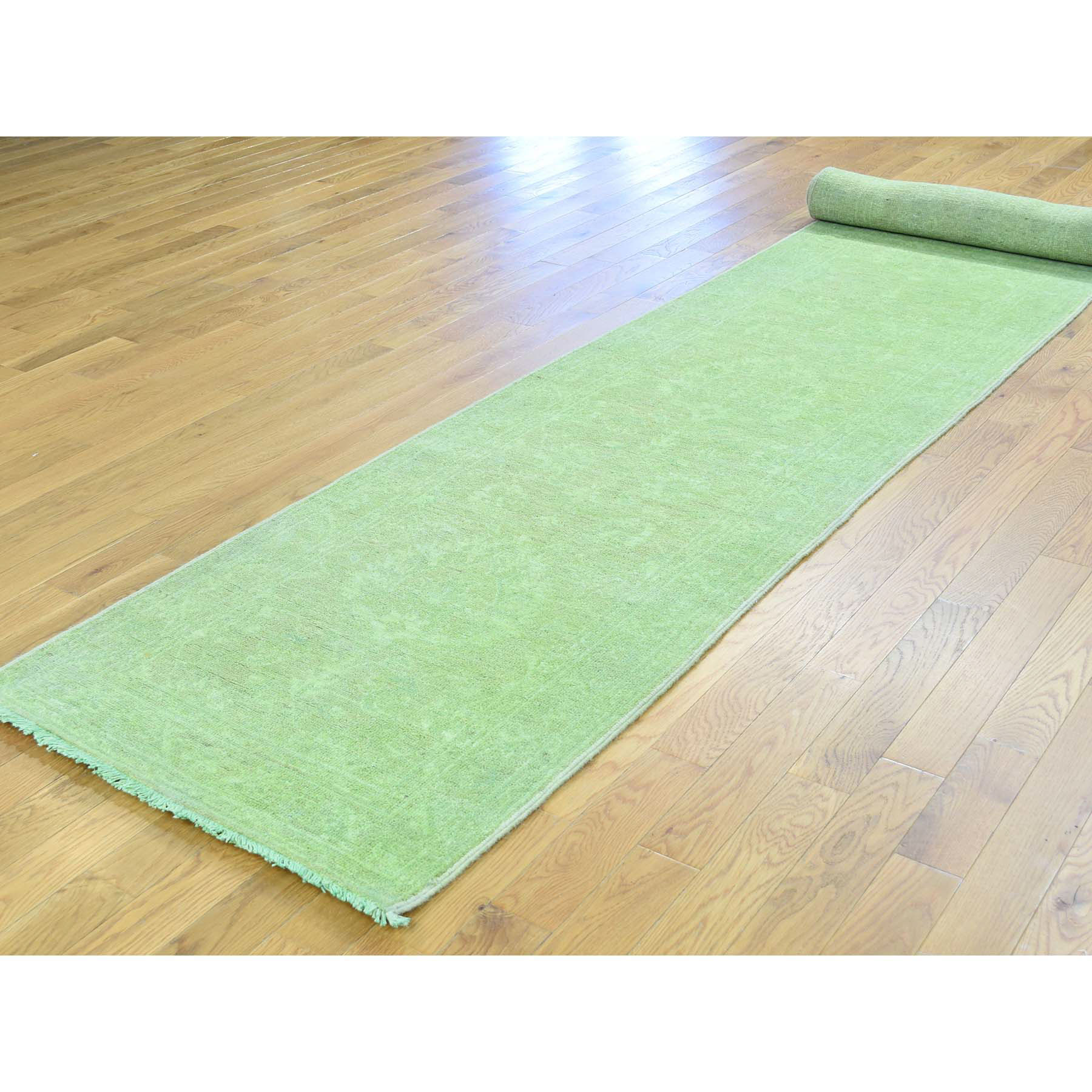 2-7 x16-1  Hand-Knotted Green Peshawar Overdyed Pure Wool XL Runner Rug 