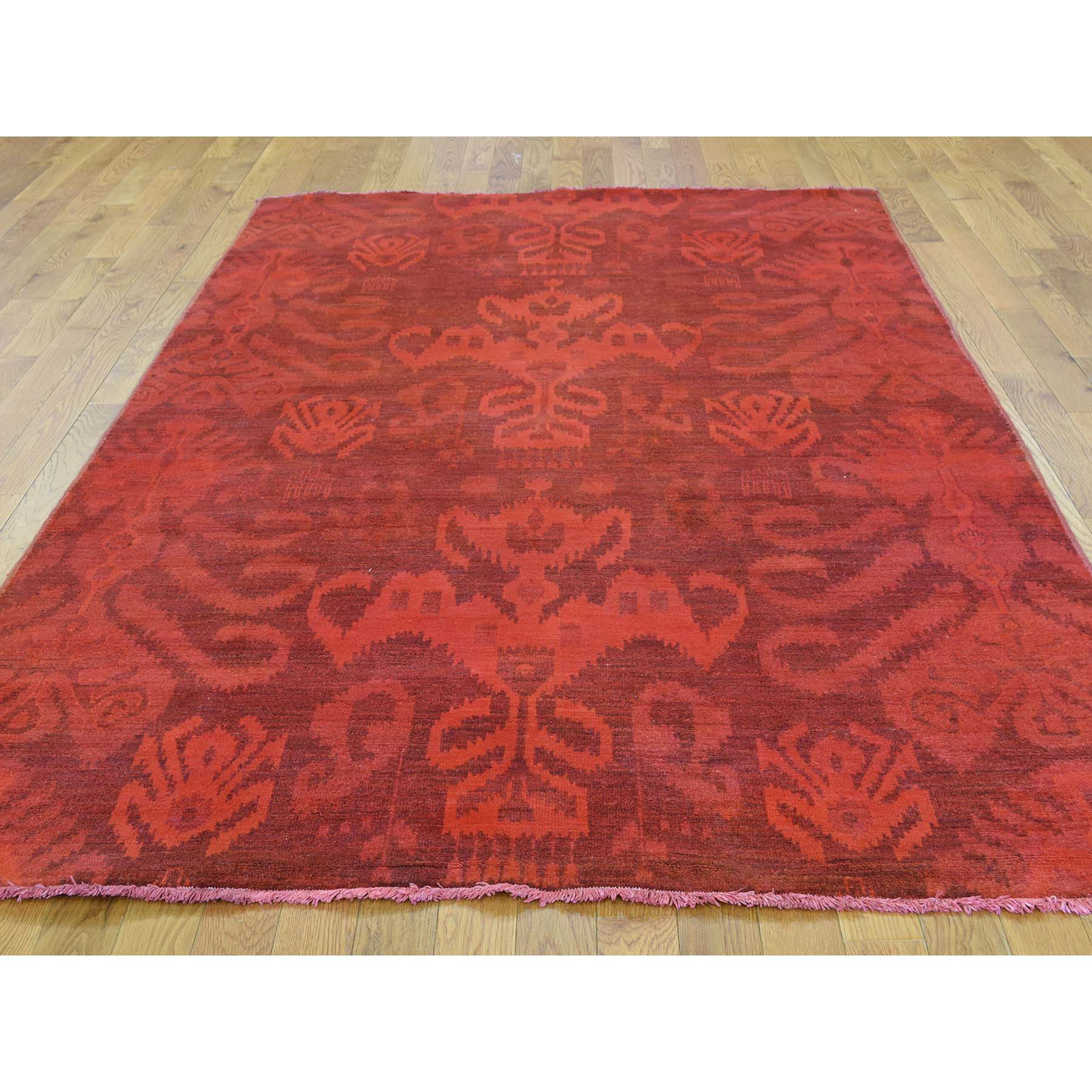 5-2 x8-3  Hand-Knotted Red Cast Overdyed Ikat Pure Wool Oriental Rug 