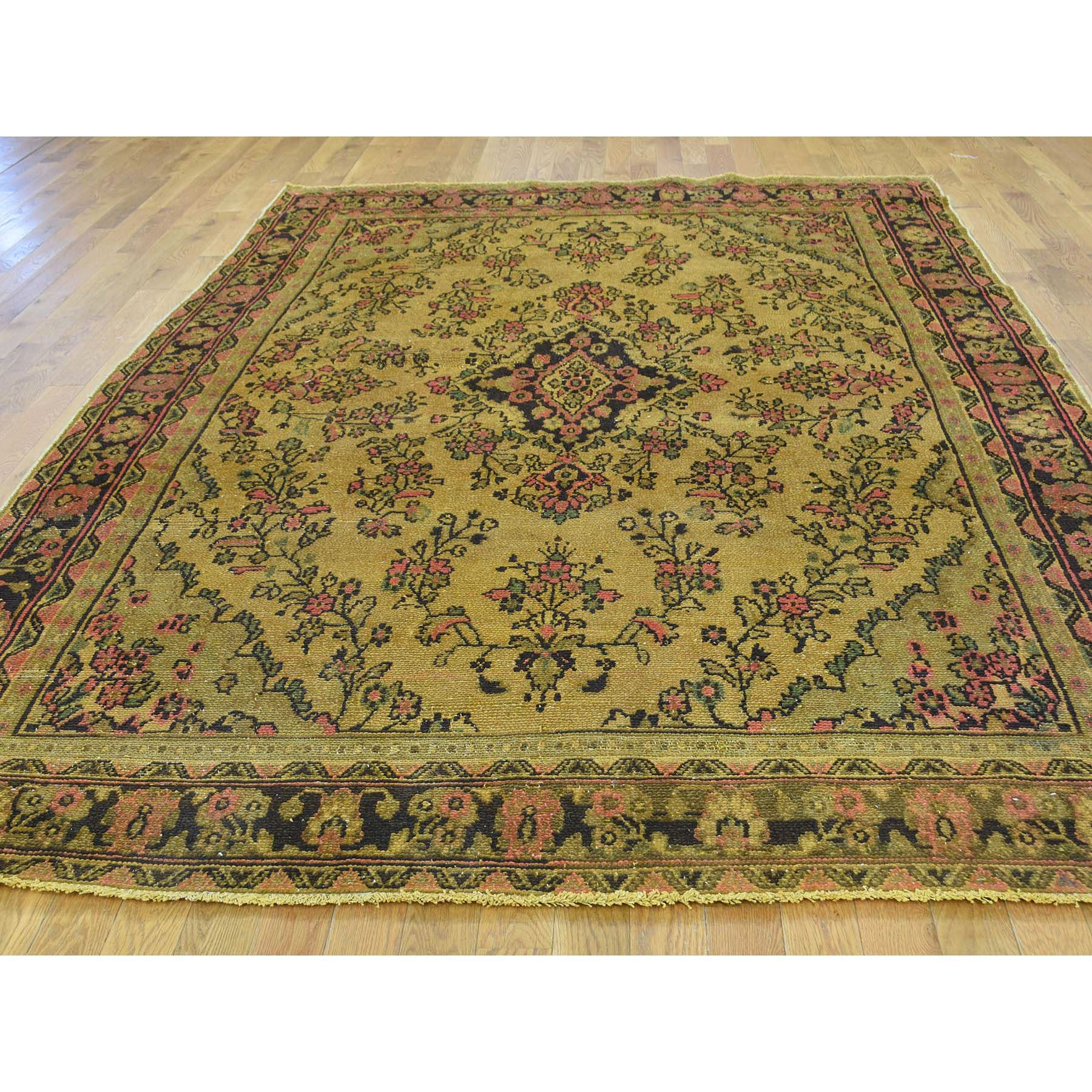 6-6 x9-10  Hand Knotted Gold Cast Overdyed Persian Bibikabad Vintage Rug 