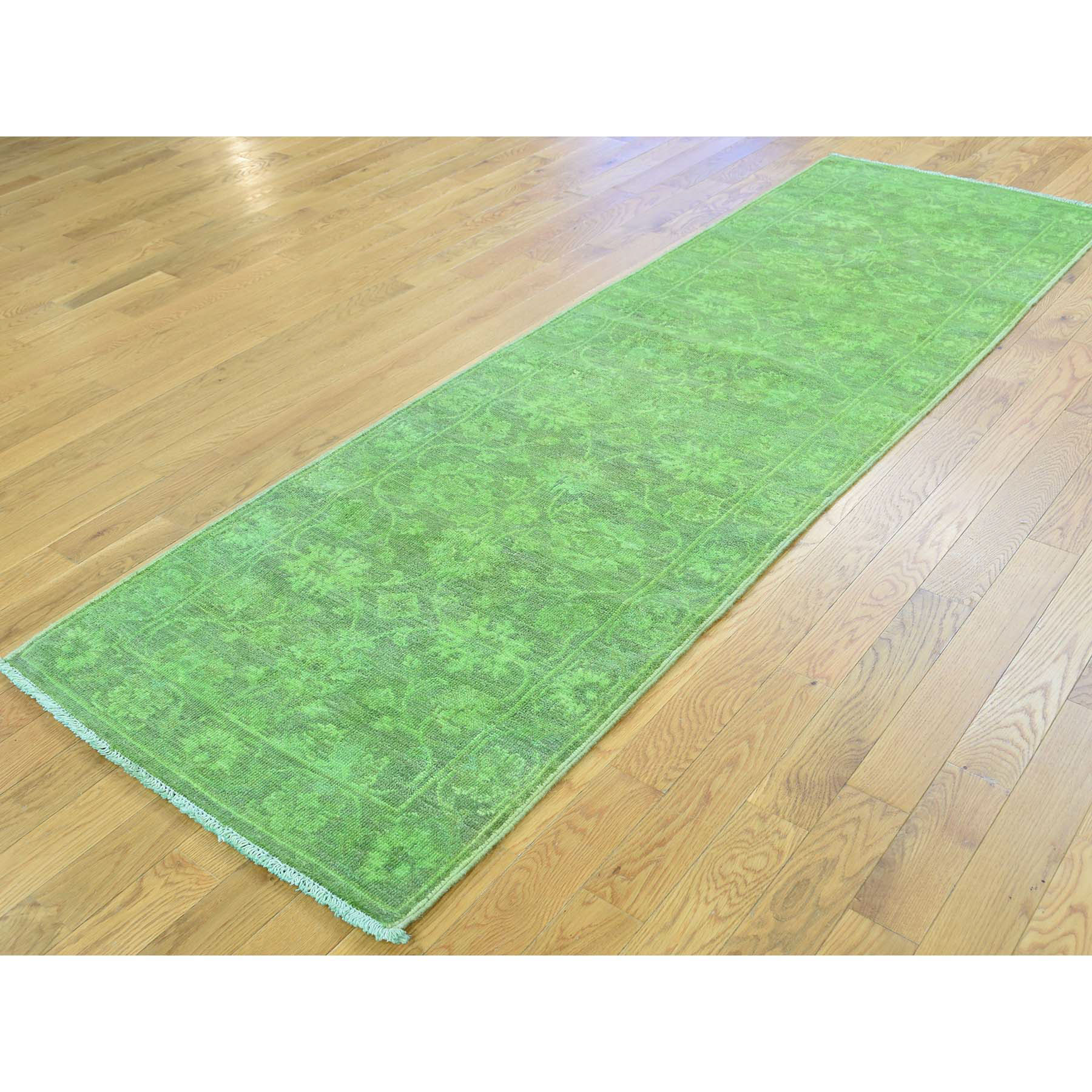 2-7 x8-3  Hand Knotted Green Cast Peshawar Overdyed Pure Wool Runner Rug 