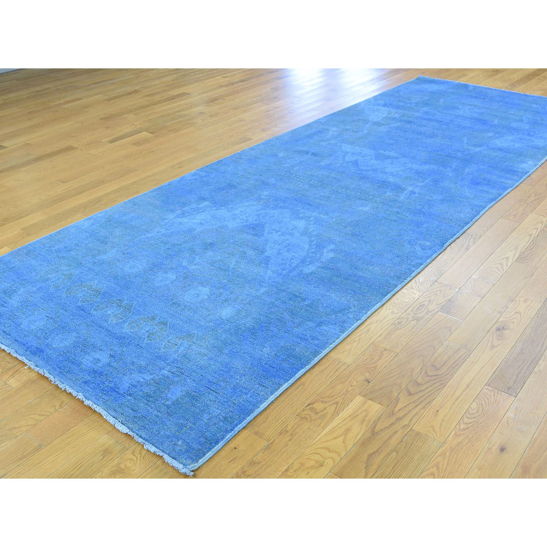 4-2 x12- Hand Knotted Blue Cast Ikat Overdyed Pure Wool Wide Runner Rug 