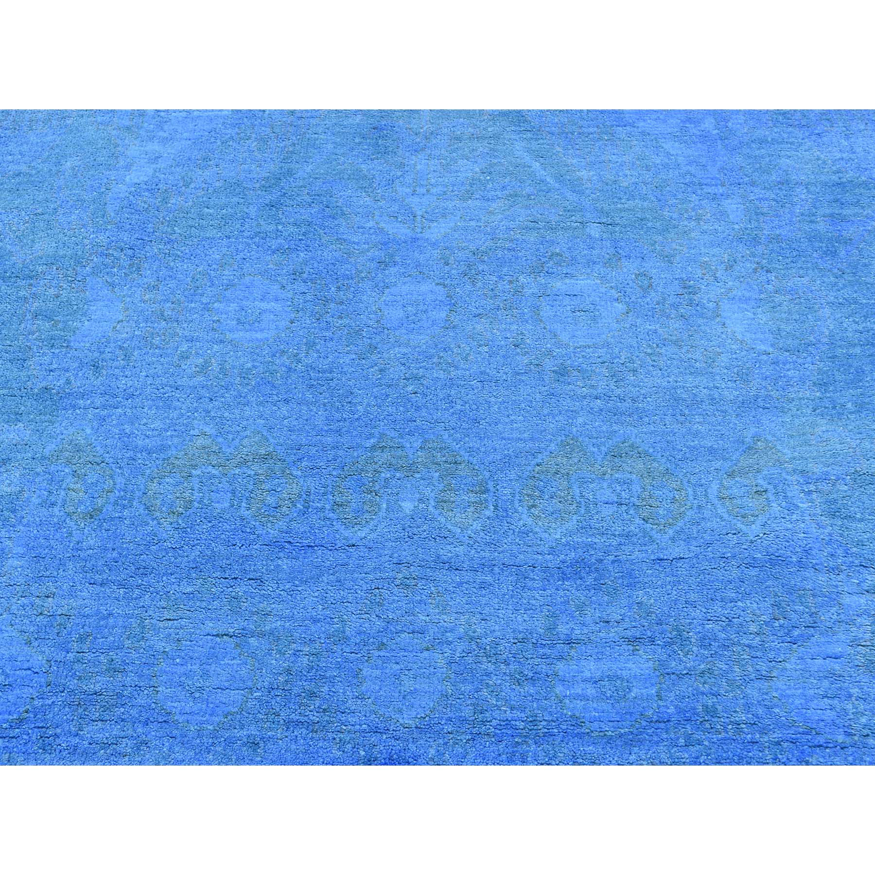4-2 x12- Hand Knotted Blue Cast Ikat Overdyed Pure Wool Wide Runner Rug 