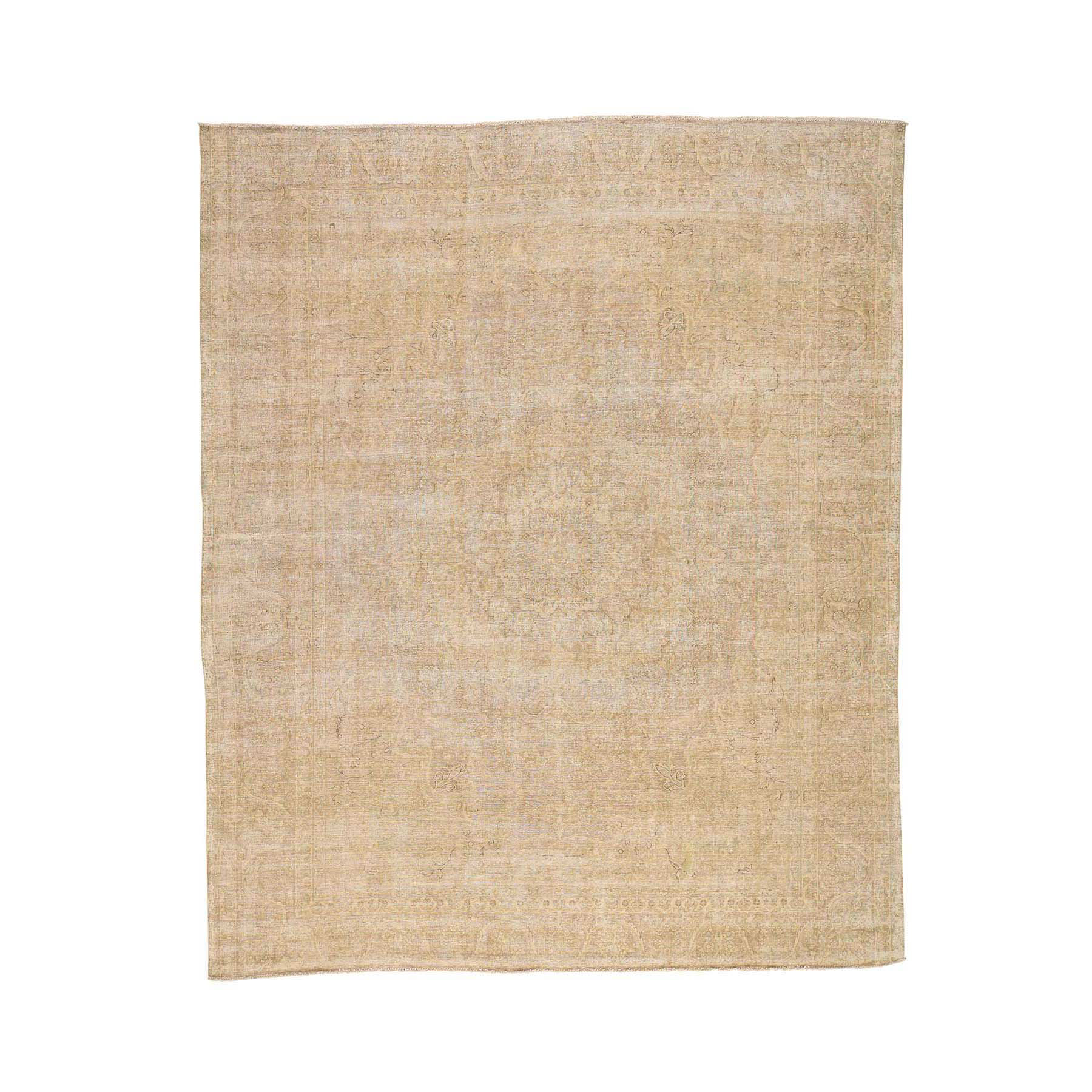 9-6 x11-6  Vintage White Wash Persian Kerman Hand-Knotted Worn Wool Rug 
