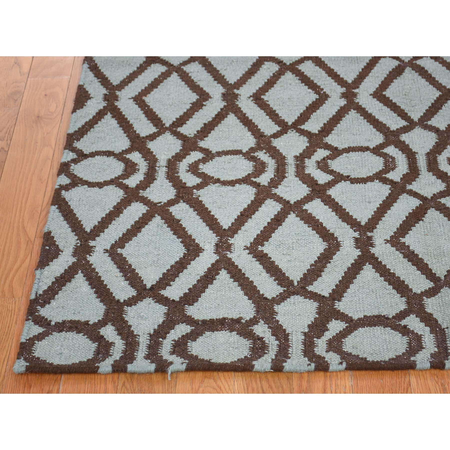 4-3--x5-10-- Hand Woven Light Green Durie Kilim Reversible Flat Weave Rug 