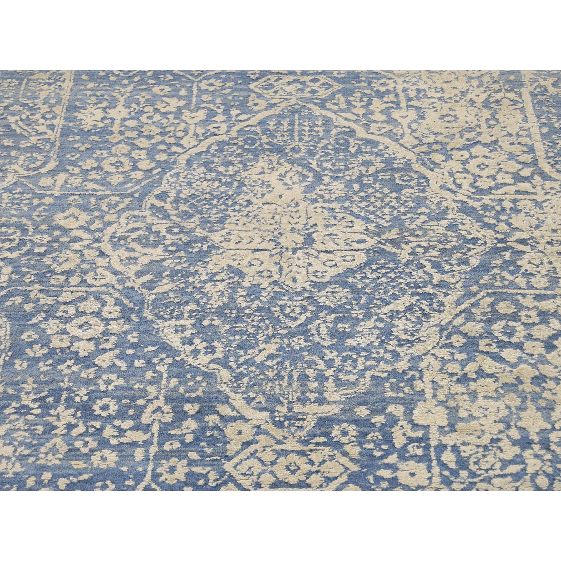 5-1--x7- Denim Blue Wool and Pure Silk Hand-Knotted Broken Persian Design Rug 