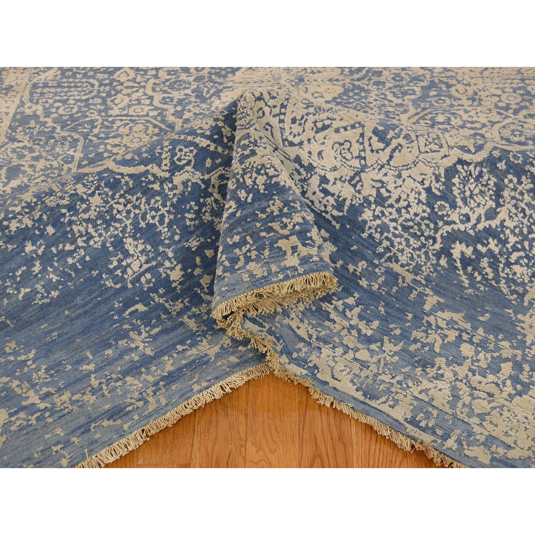 6-1--x9- Denim Blue Wool and Pure Silk Hand-Knotted Broken Persian Design Rug 