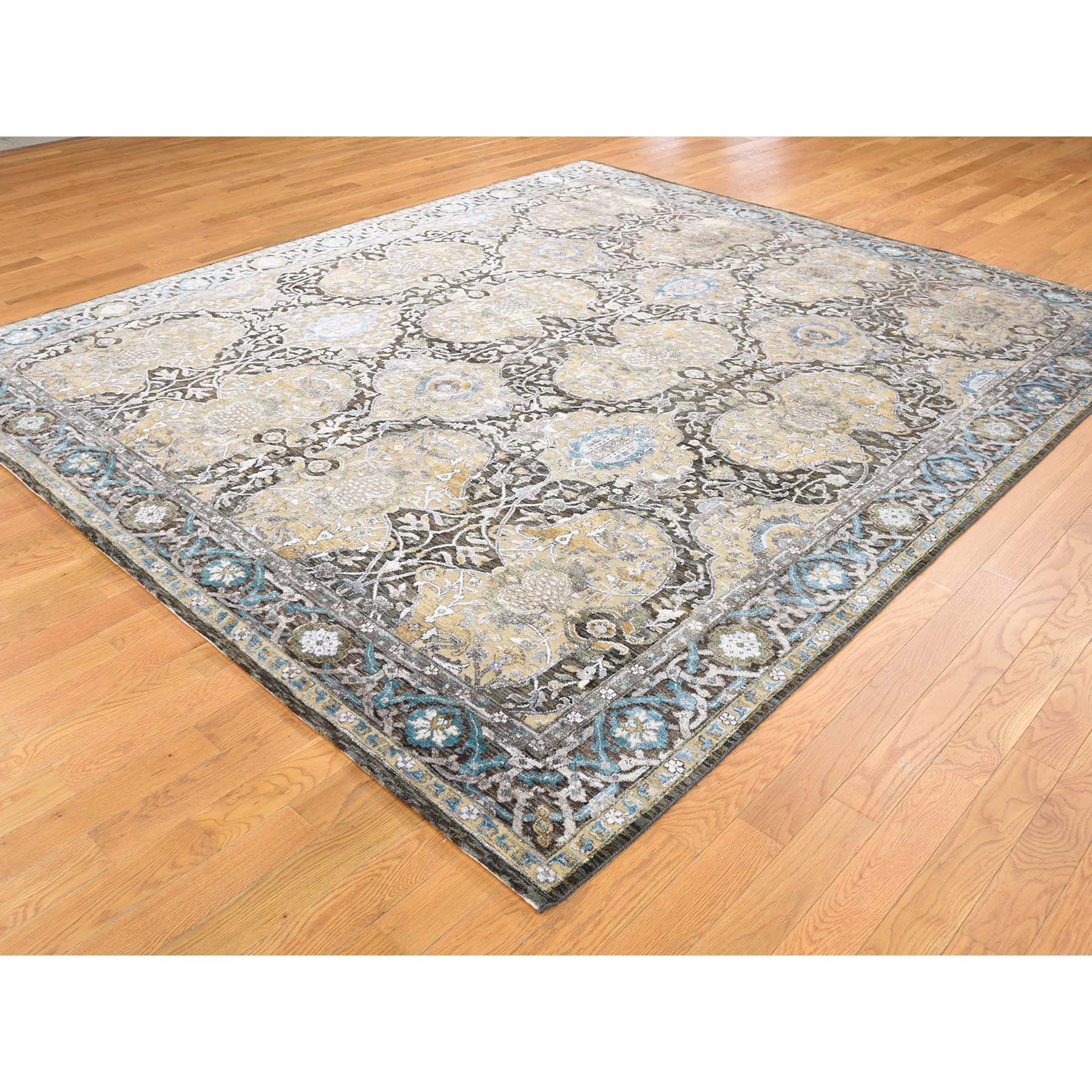 8-4--x9-9-- Silk with Textured Wool Ancient Cartouche Design Hand Knotted Rug 
