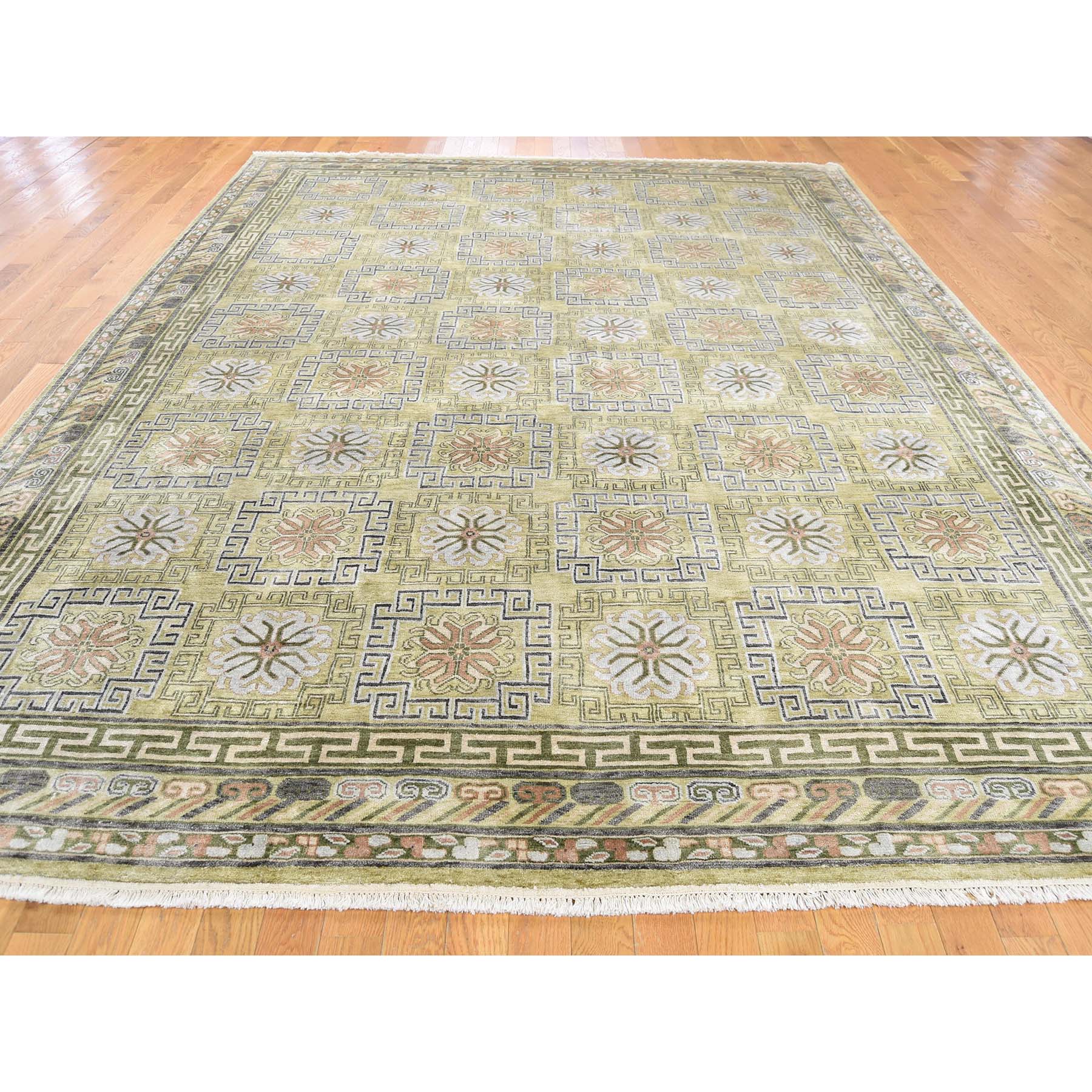8-7 x11-10  Hand Knotted Pure Silk Khottan Design With Greens Oriental Rug 