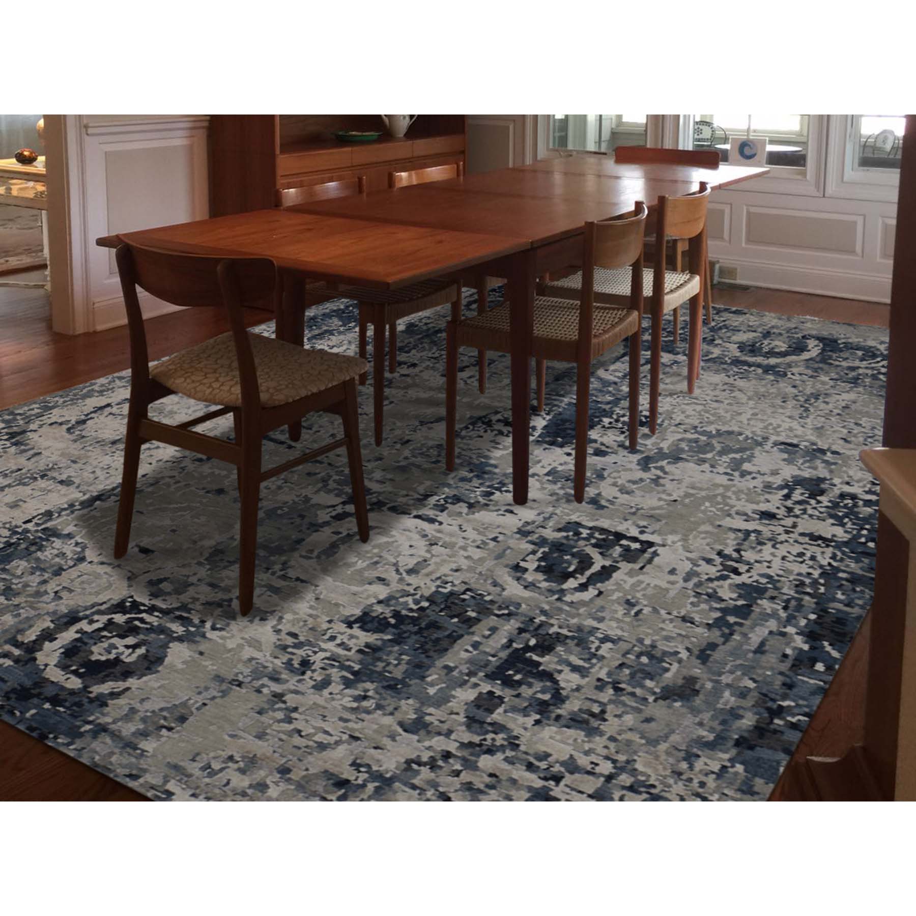 9-3 x12- Hand-Knotted Abstract Design Wool and Silk Hi-Lo Pile Oriental Rug 