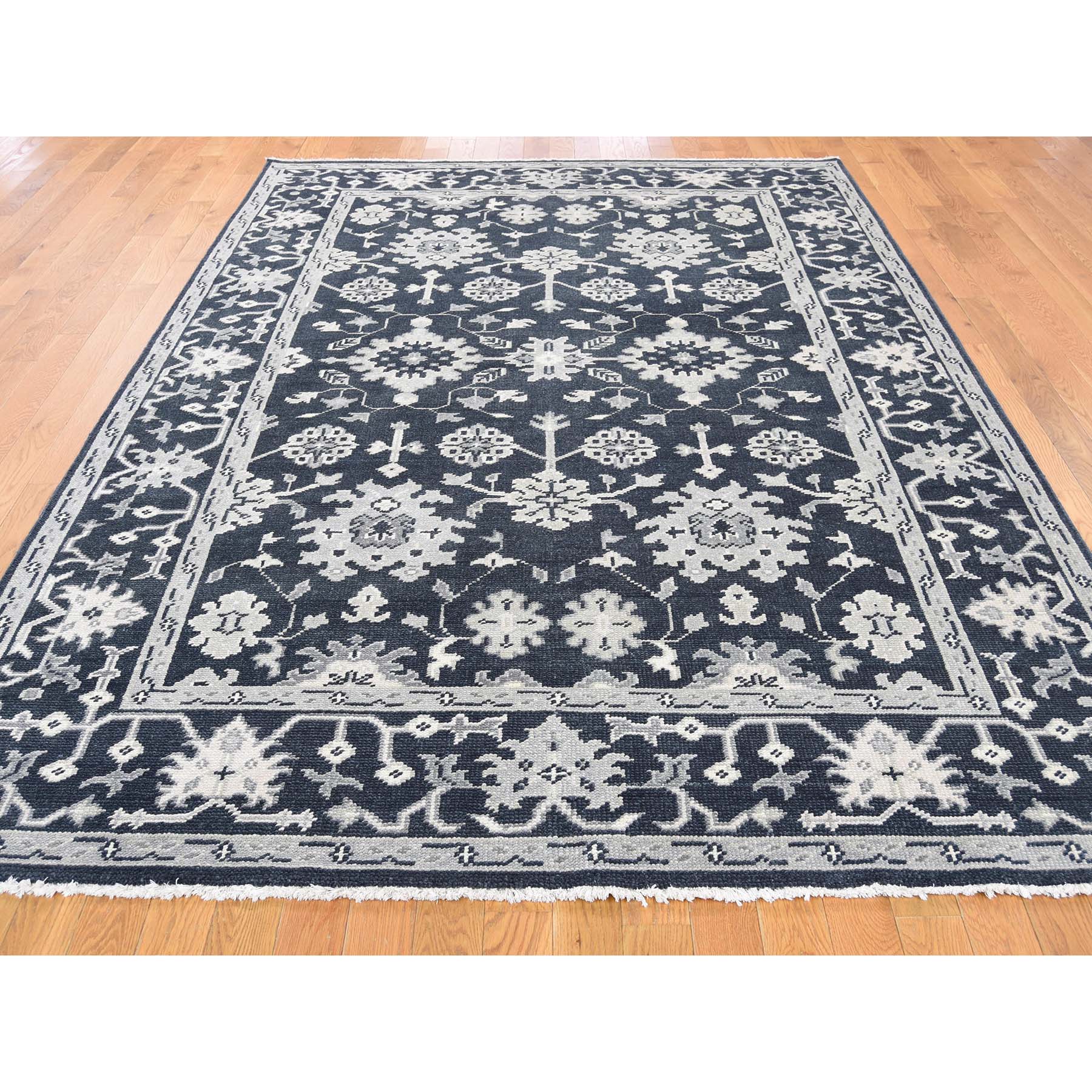 6-1 x9- Oushak Turkish Knot Cropped Thin Midnight Blue Hand Knotted Oriental Rug 