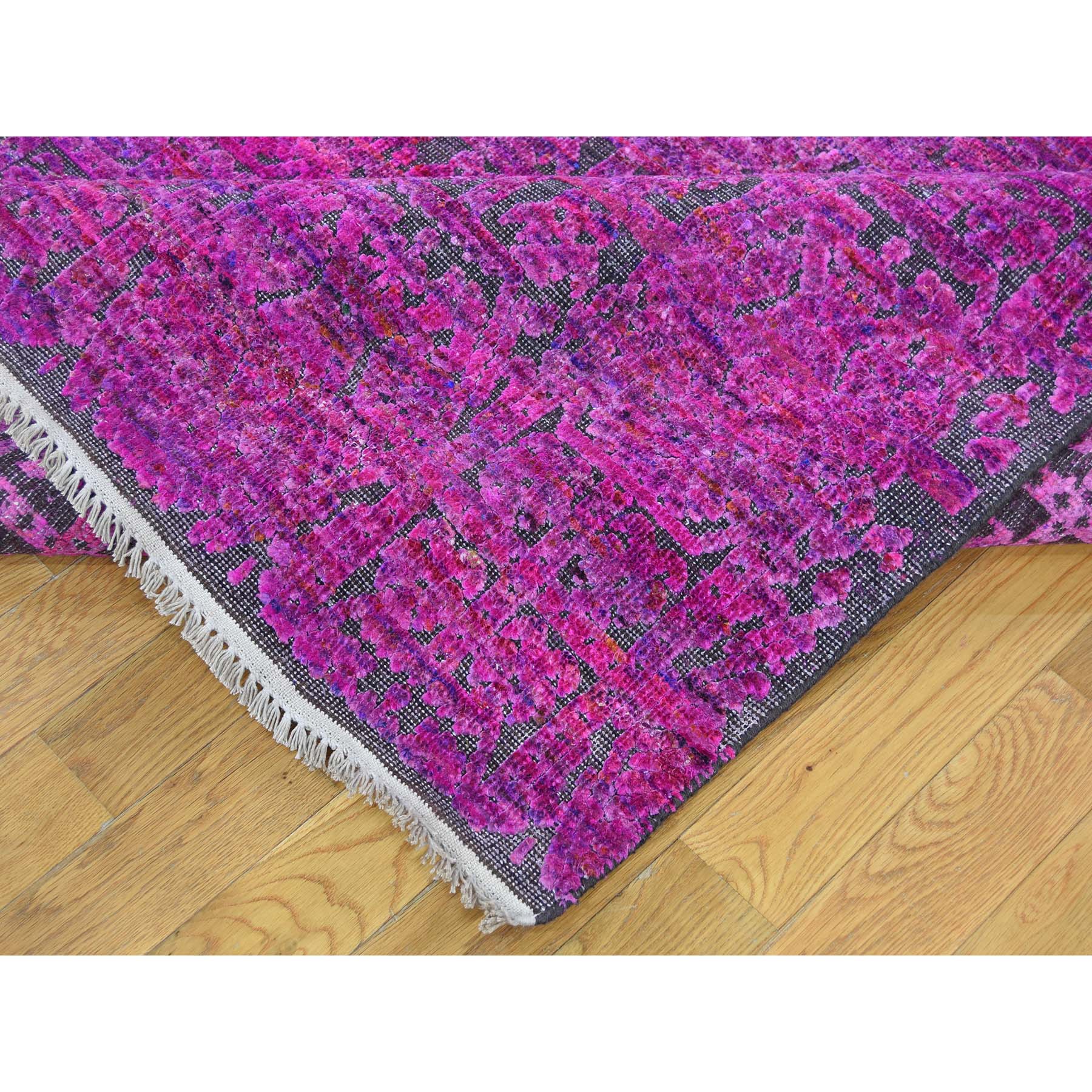 8-10 x11-10  Fuchsia Colors Sari Silk with Textured Wool Hand-Knotted Oriental Rug 