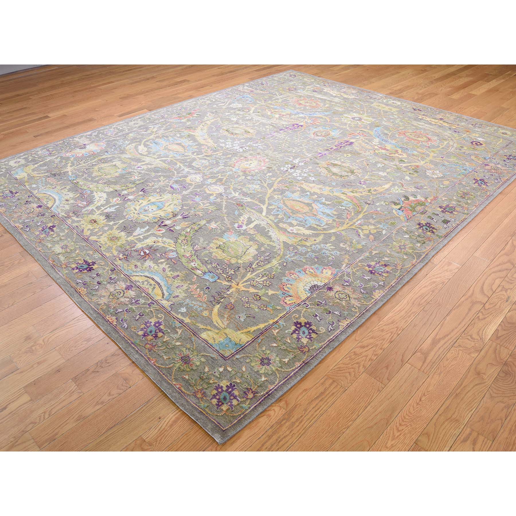 8-x10- Hand-Knotted Sickle Leaf Design Pure Silk with Textured Wool Oriental Rug 