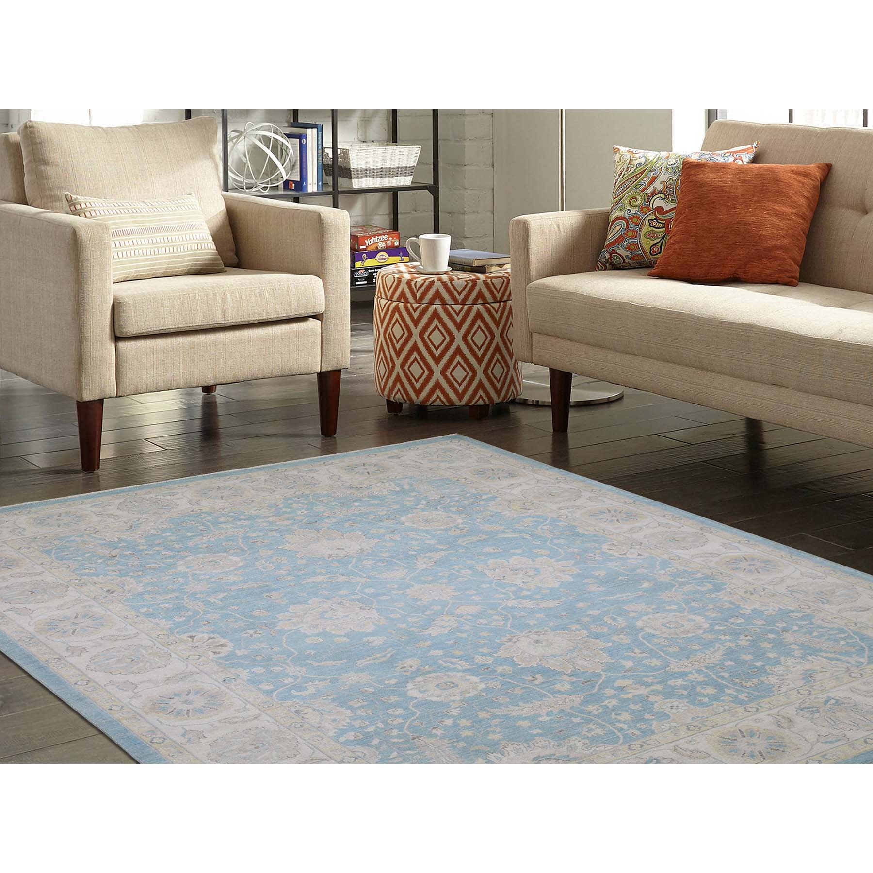 8-x9-9  Peshawar with Oushak Design Sky Blue Hand-Knotted Oriental Rug 