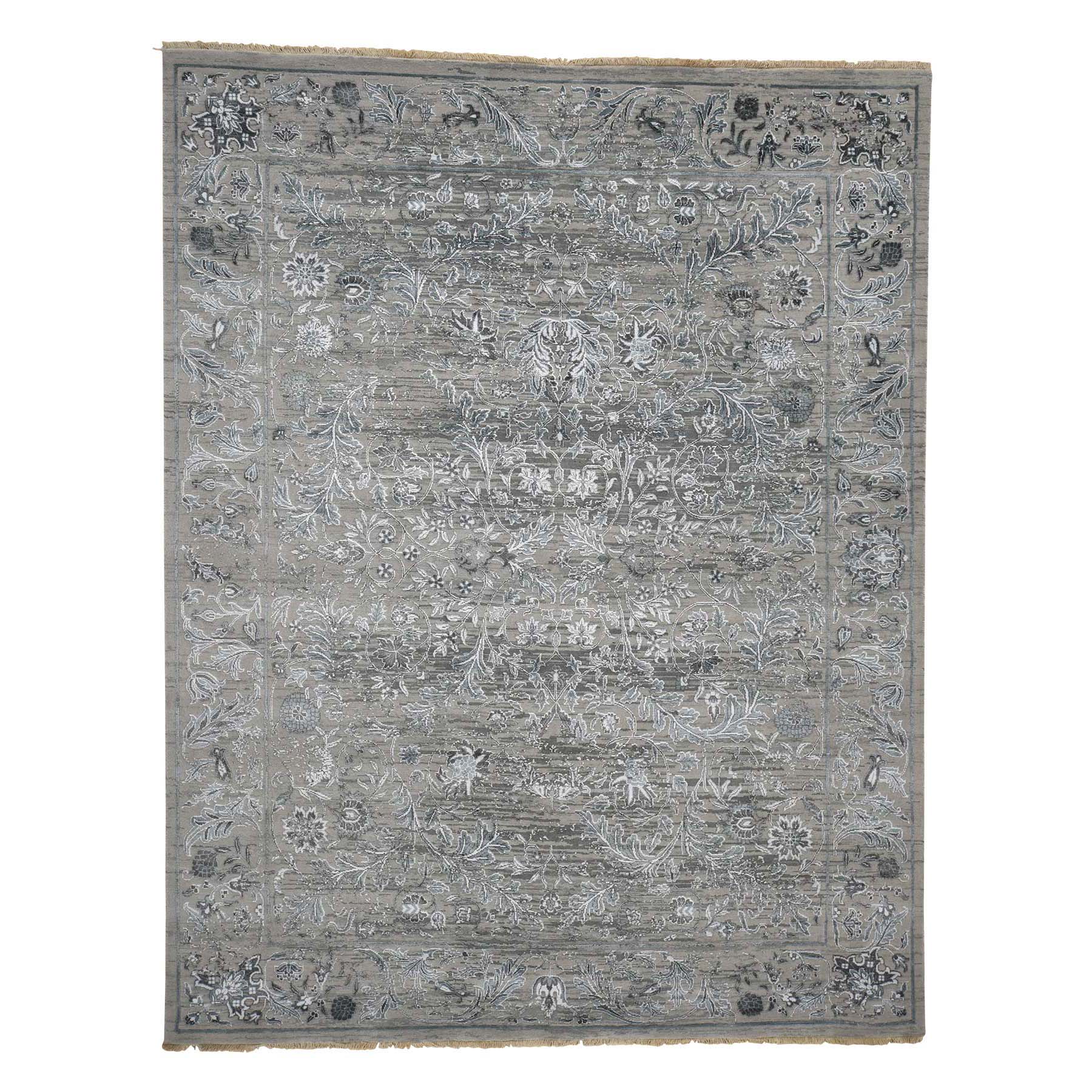 7-9 x10- Grey Traditional Kashan Design with Wool and Silk Hand Knotted Rug 