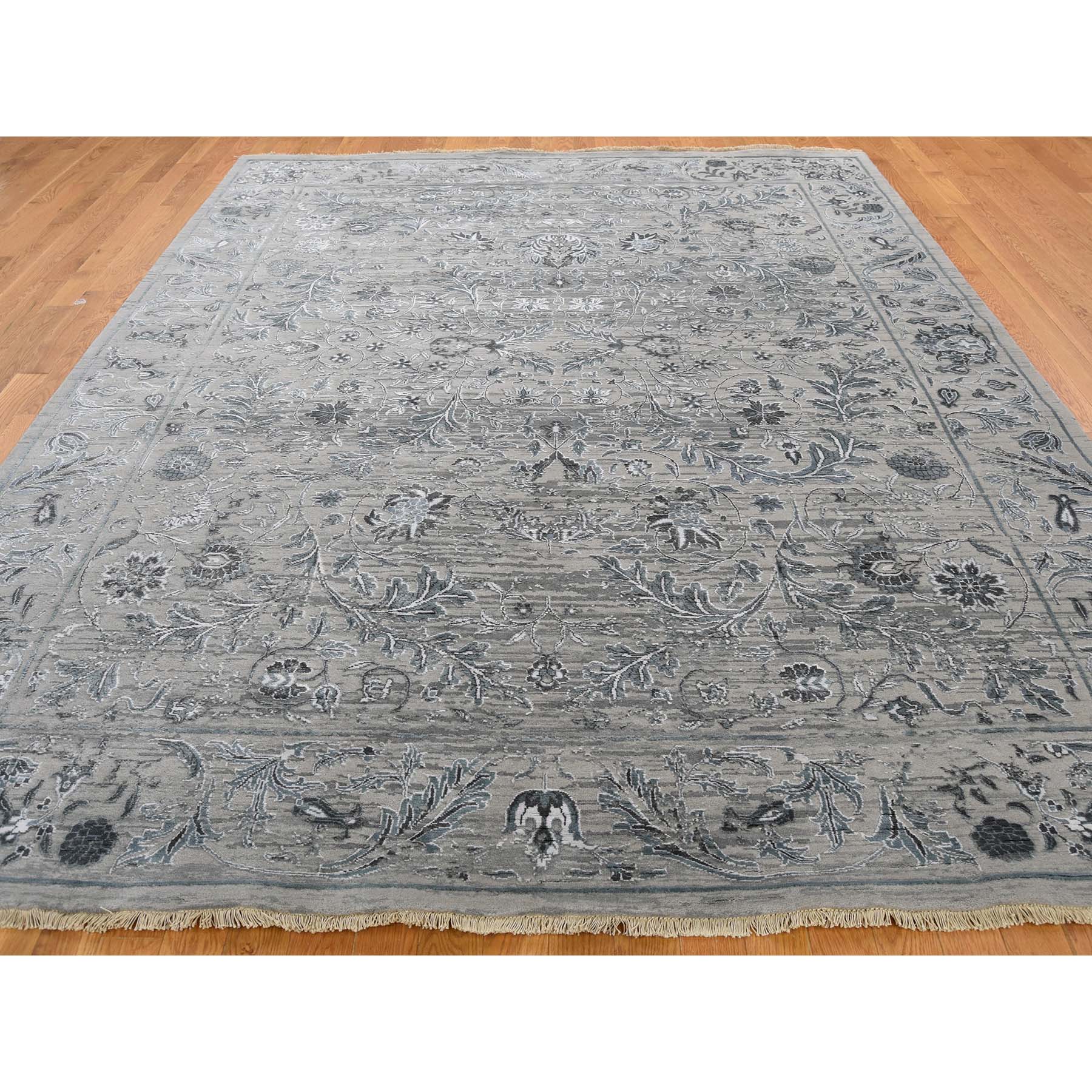 7-9 x10- Grey Traditional Kashan Design with Wool and Silk Hand Knotted Rug 