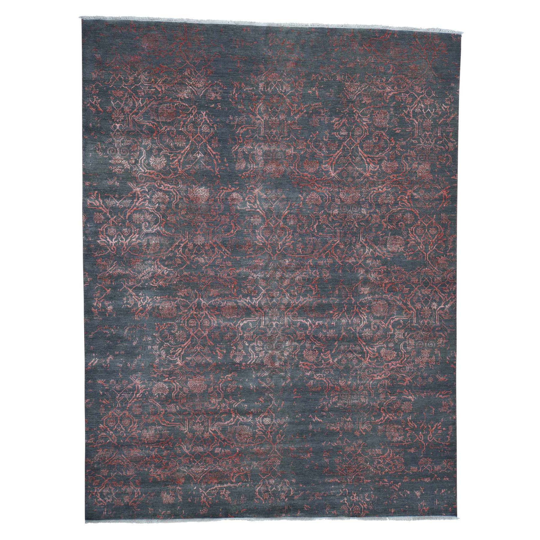9-2 x12- Wool & Silk Broken Persian Heriz Design With Grey Hand Knotted Oriental Rug 