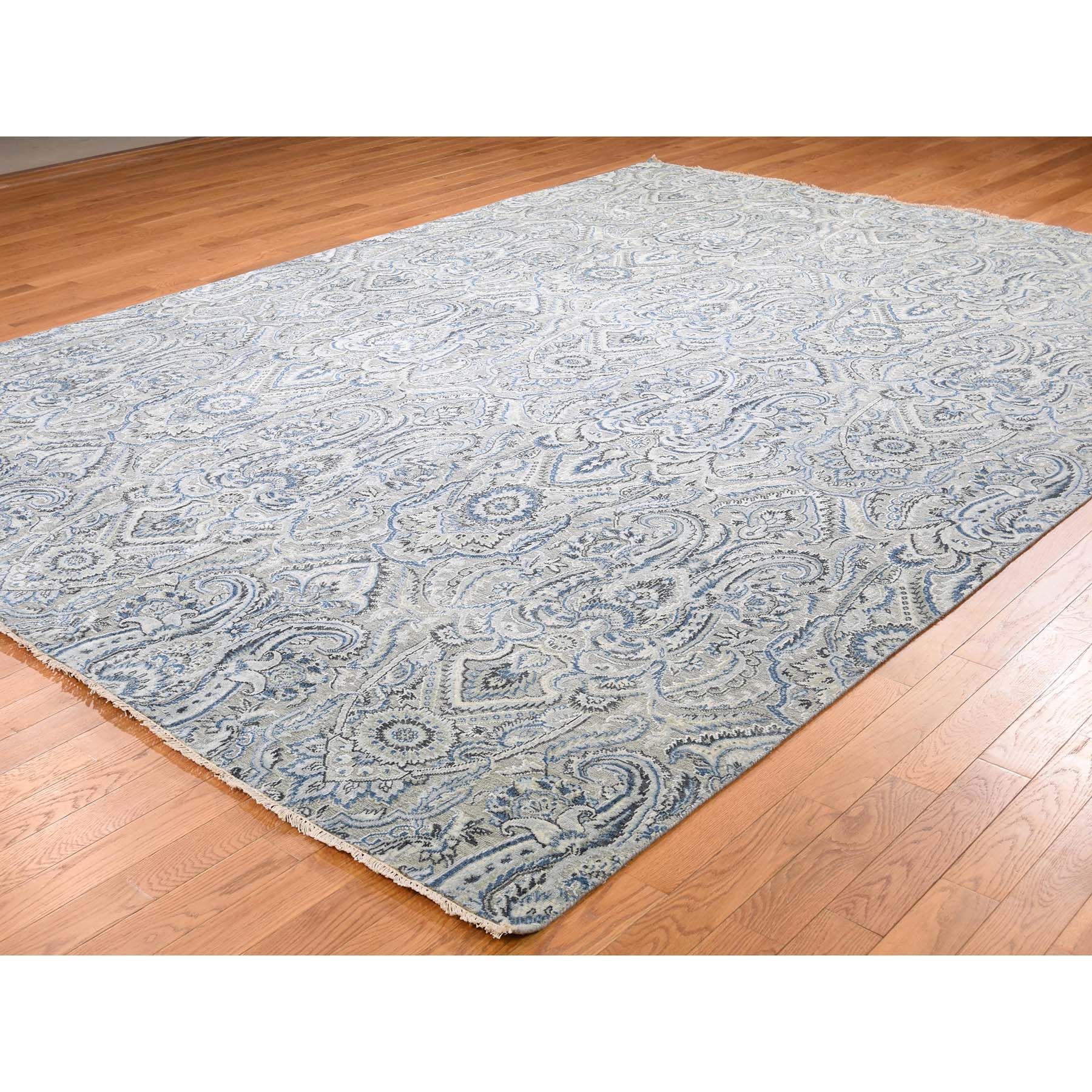 9-x12-1  Pure Silk Textured Wool Paisley Flower Design Hand-Knotted Rug 