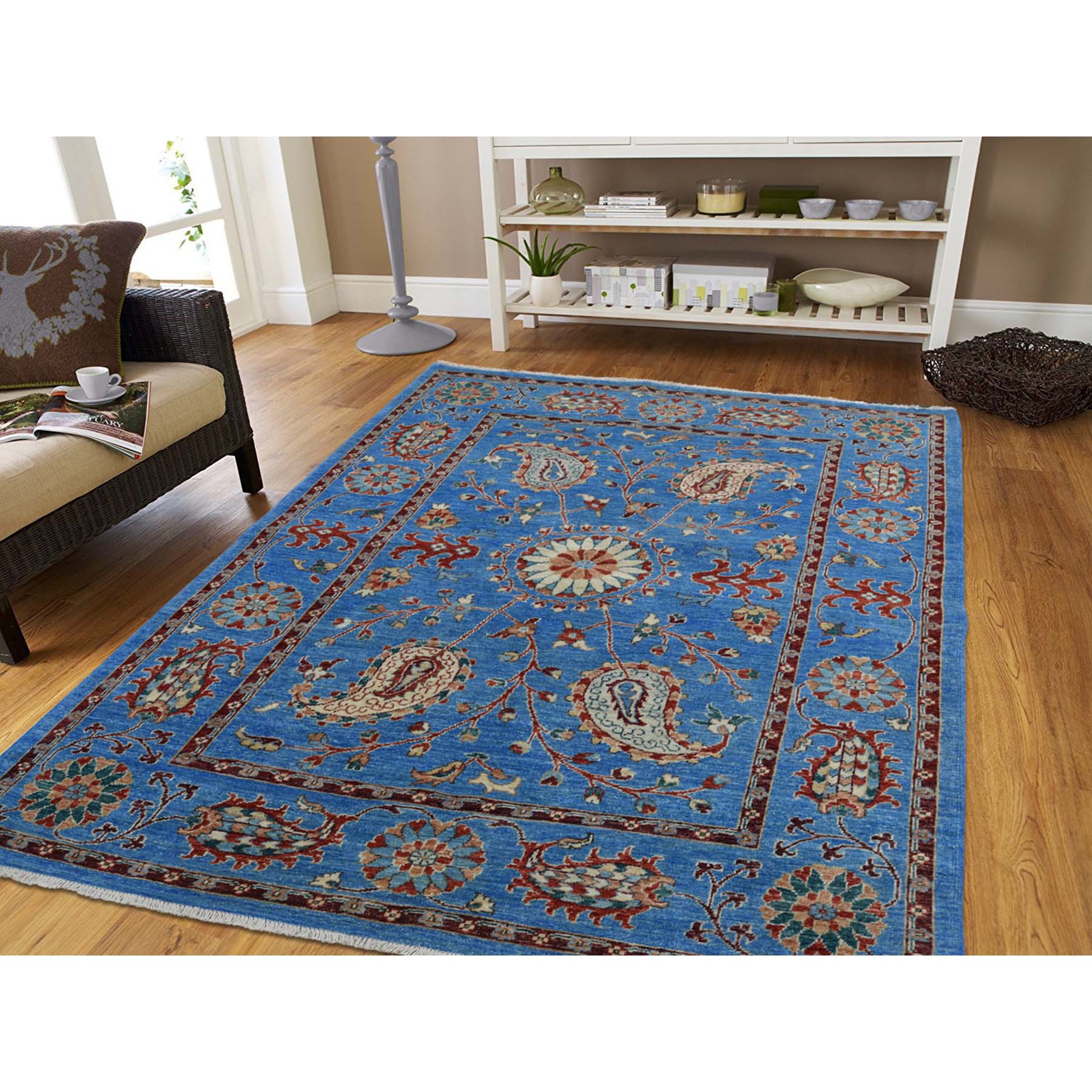 5-2 x6-4  Hand-Knotted Peshawar with Suzani Design Pure Wool Oriental Rug 