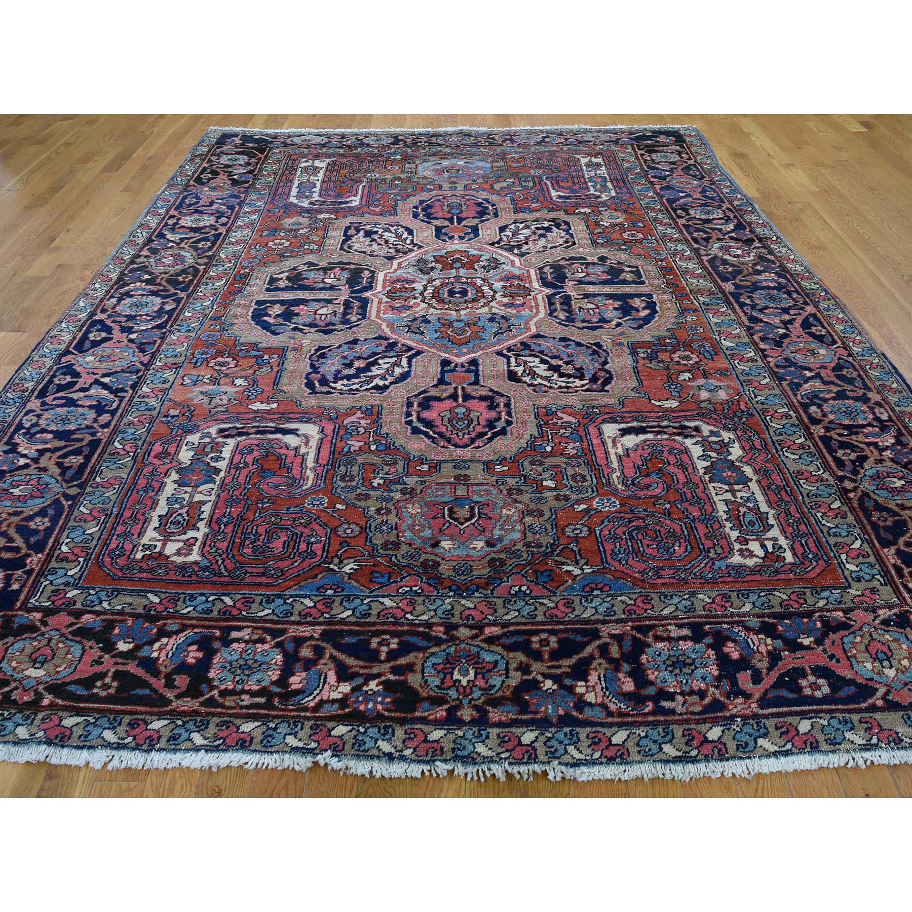 7-9 x11- Flower Design Antique Persian Heriz Good Condition Hand-Knotted Oriental Rug 