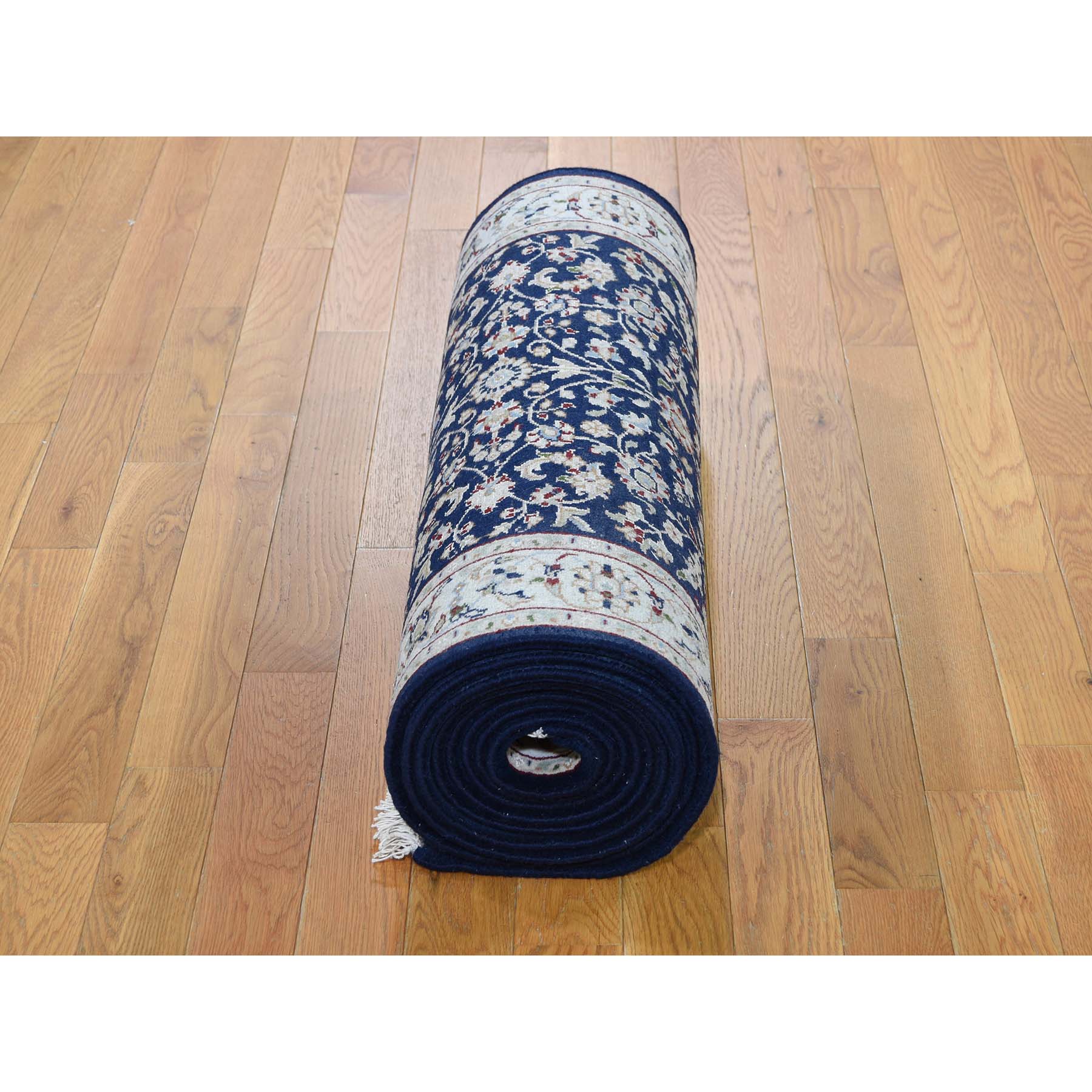 2-7 x14- Wool And Silk 250 Kpsi Navy Blue All Over Design Nain XL Runner Hand-Knotted Oriental Rug 