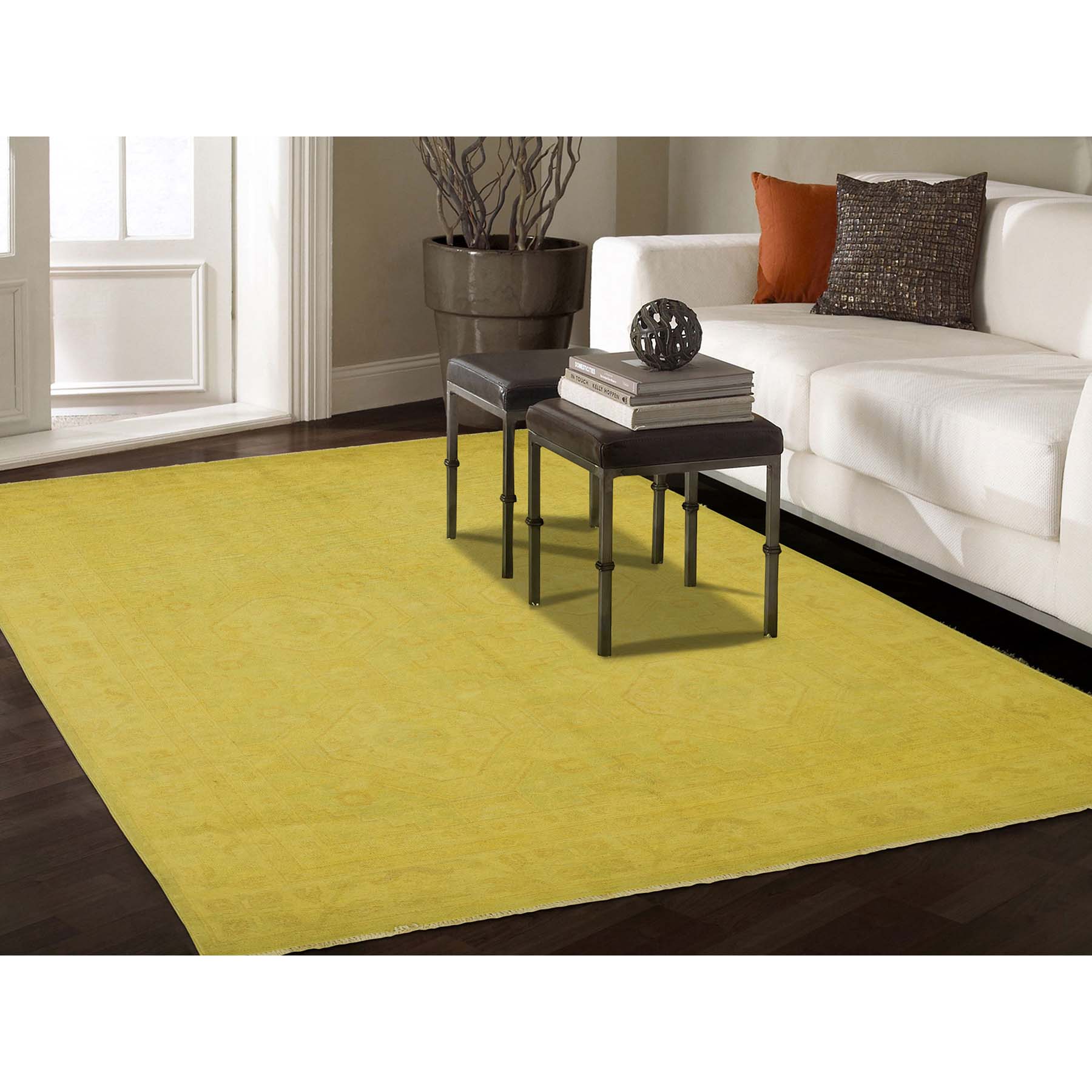 6-x9-1  Yellow Overdyed Peshawar Pure Wool Hand Knotted Oriental Rug 