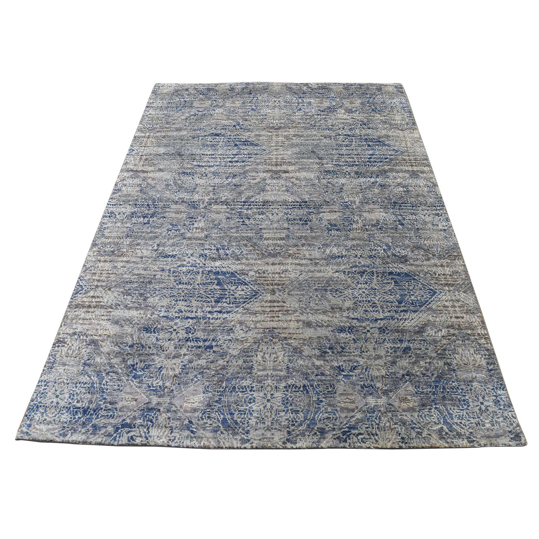 4'X6'2" Silk With Oxidized Wool Denim Blue Erased Rossette Design Hand-Knotted Oriental Rug moaddbeb