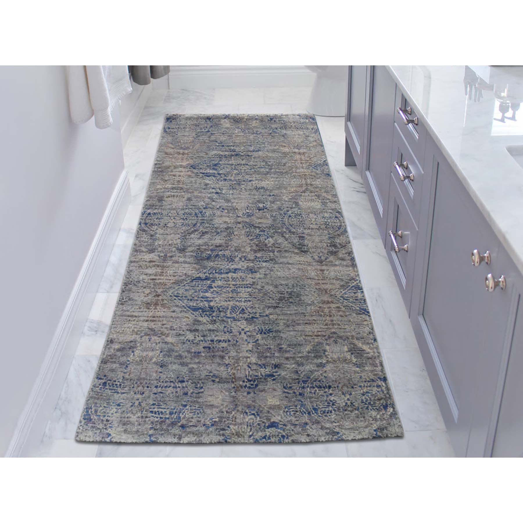2-6 x6- Silk With Oxidized Wool Denim Blue Erased Rossette Design Hand-Knotted Oriental Rug 