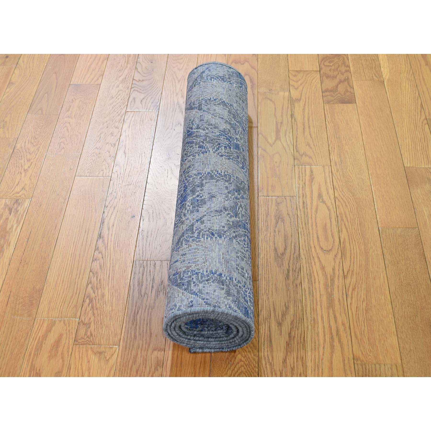 2-6 x6- Silk With Oxidized Wool Denim Blue Erased Rossette Design Hand-Knotted Oriental Rug 