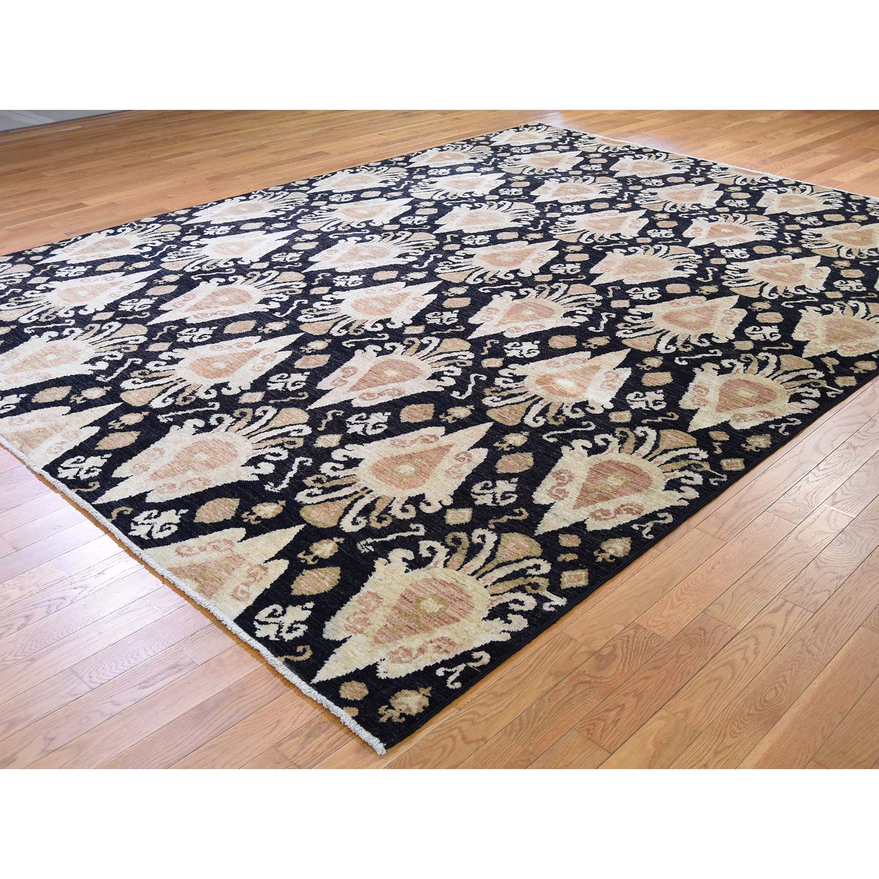 9-2 x12-4  Black Ikat Pure Wool Hand-Knotted Oriental Rug 
