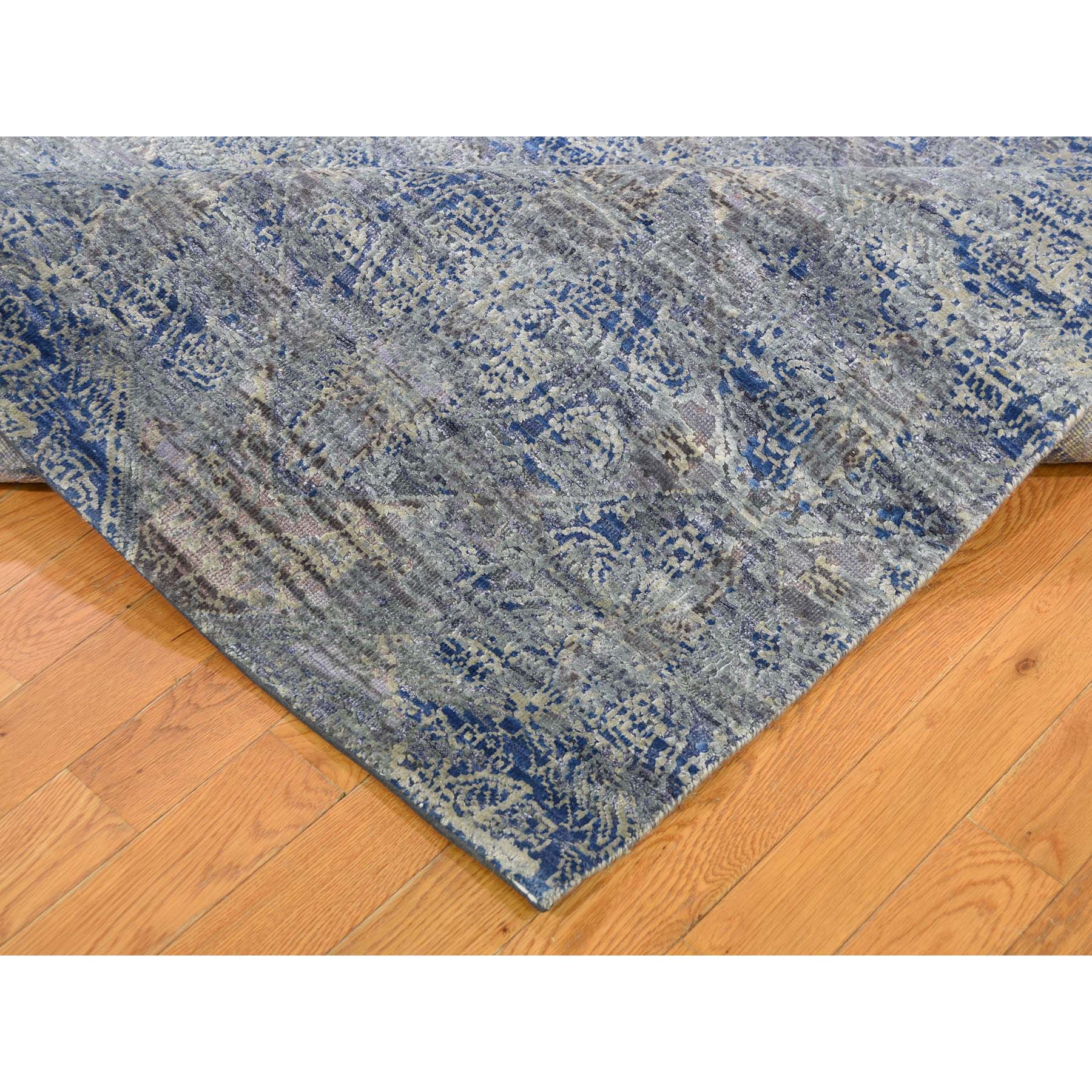 8-x10-2  ERASED ROSSETS,Silk With Textured Wool Denim BluE Hand-Knotted Oriental Rug 