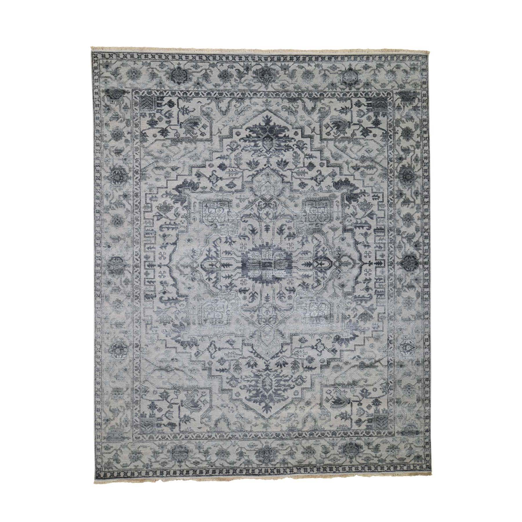 8-1 x10-1  Silver Heriz Design Wool And Silk Hi-lo Pile Hand-Knotted Oriental Rug 