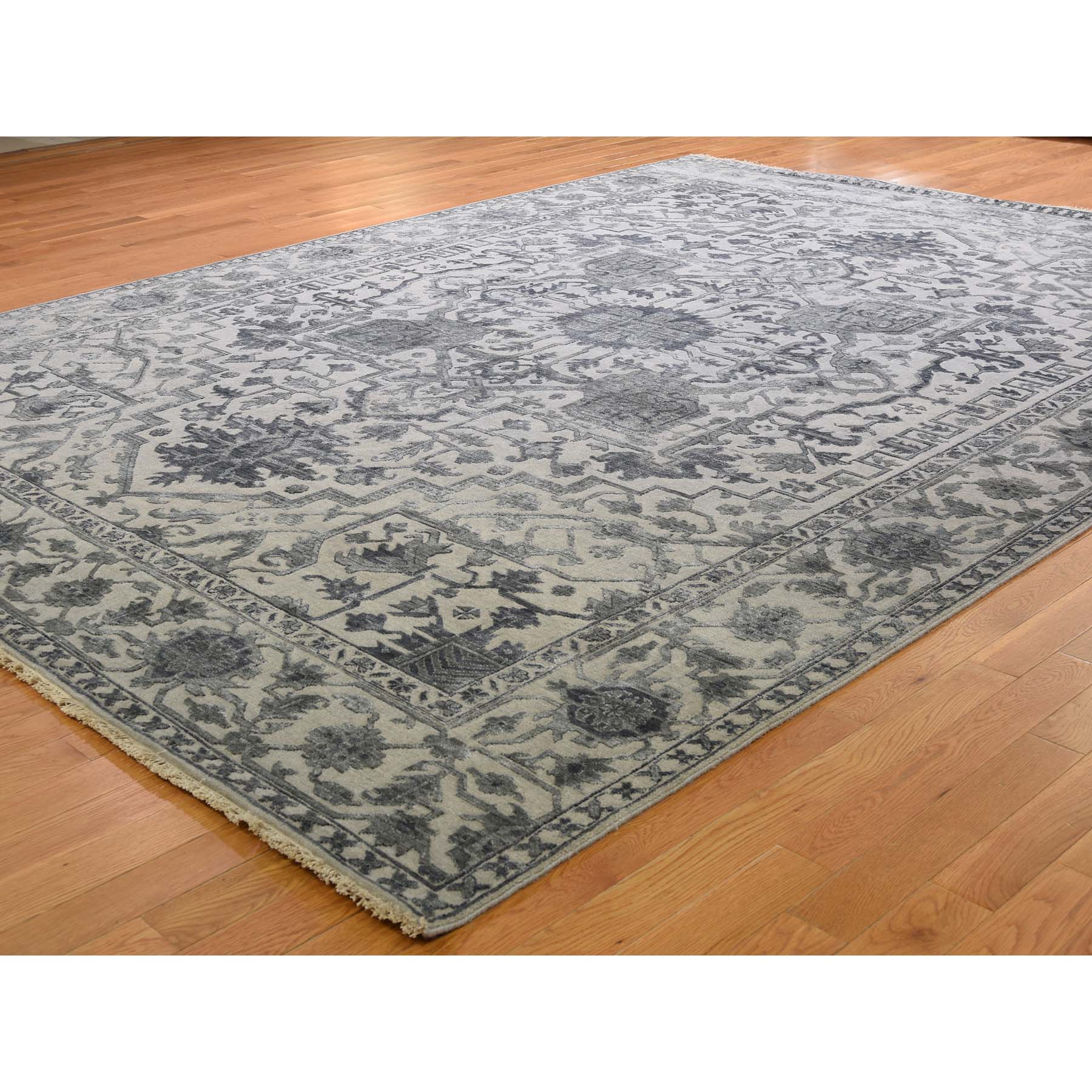 9-x12-1  Silver Heriz Design Wool And Silk Hi-lo Pile Hand-Knotted Oriental Rug 
