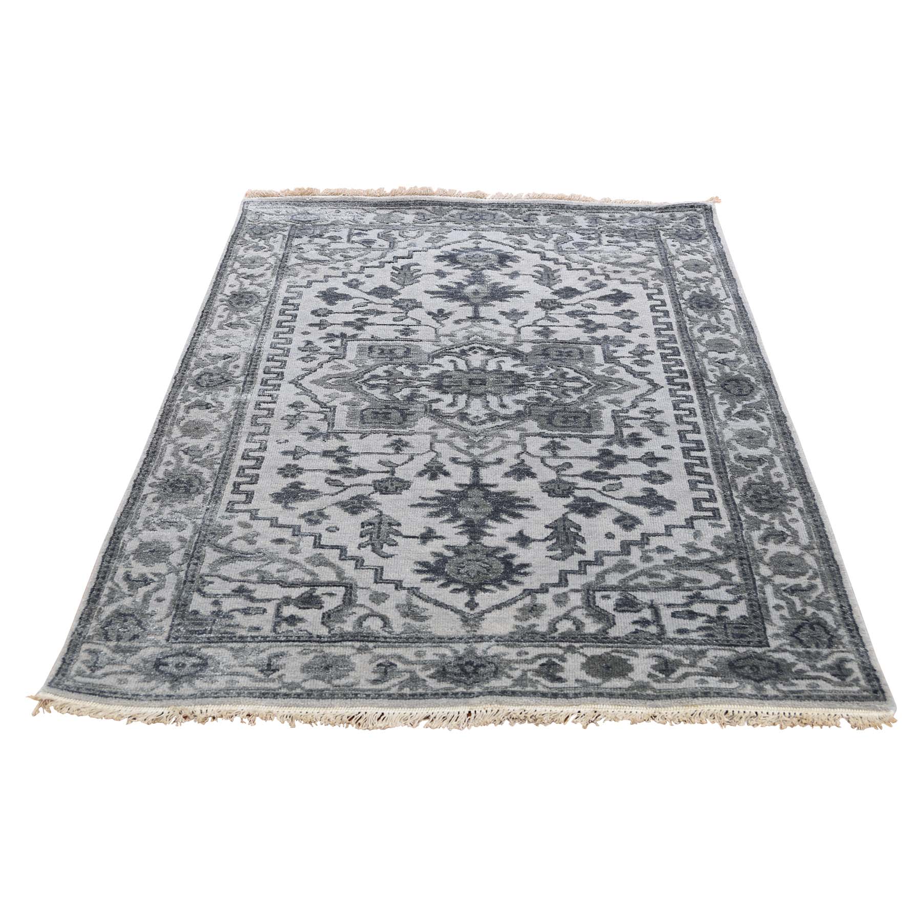 3'1"X5'2" Silver Heriz Design Wool And Silk Hi-Lo Pile Hand-Knotted Oriental Rug moadd90e