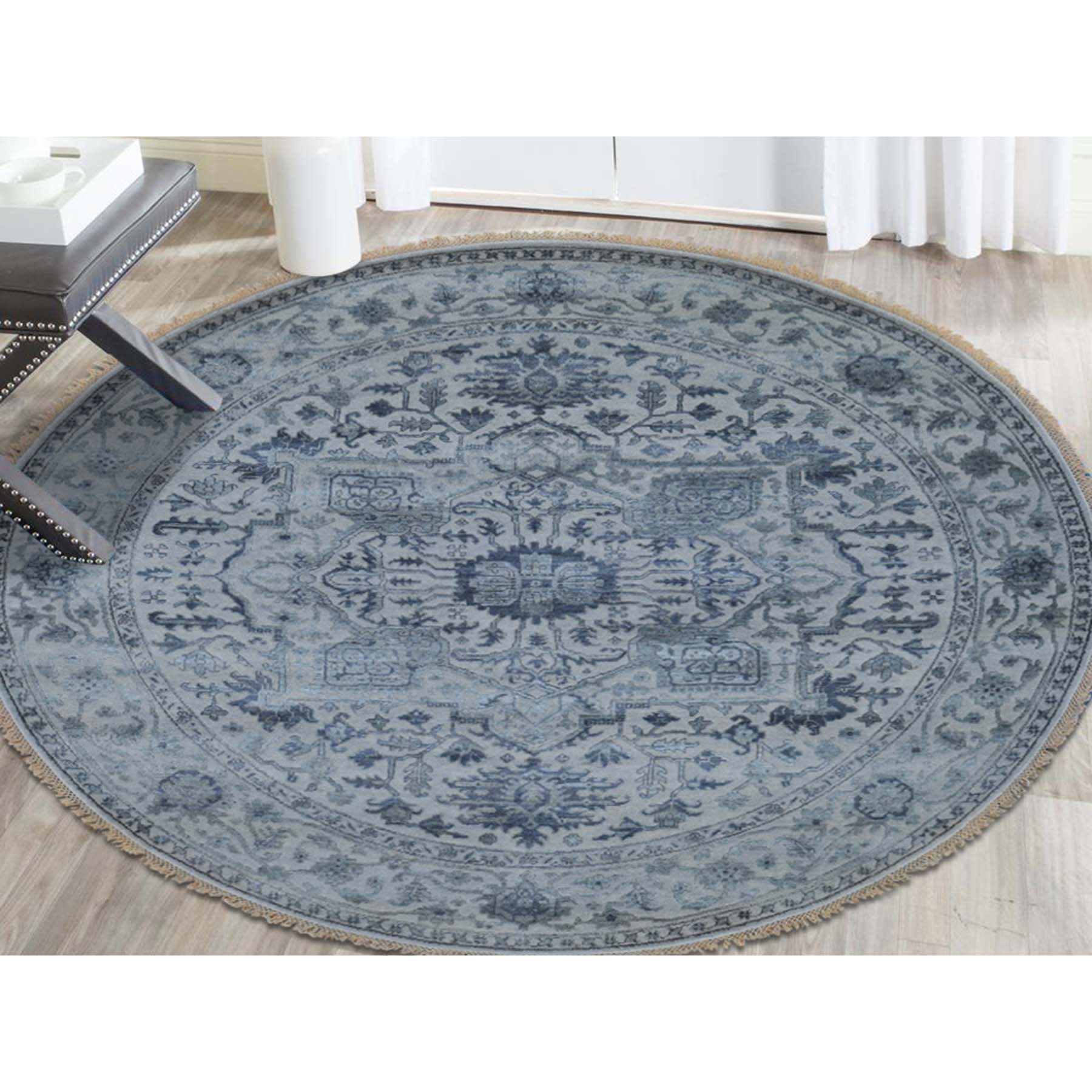 8-1 x8-1  Silver Heriz Design Wool And Silk Hi-lo Pile Hand-Knotted Round Oriental Rug 