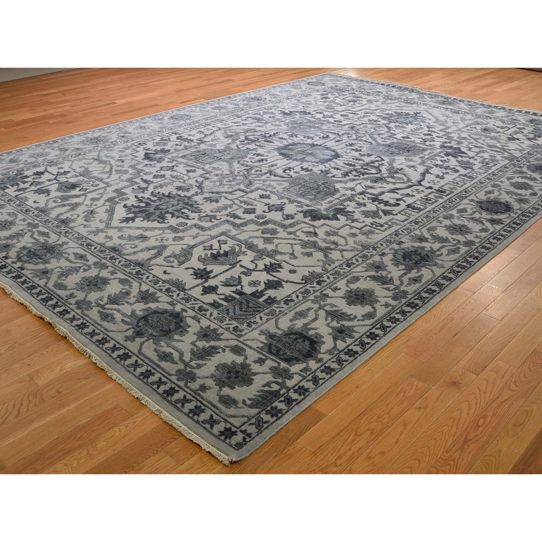 10-x14- Silver Heriz Design Wool And Silk Hi-lo Pile Hand-Knotted Oriental Rug 