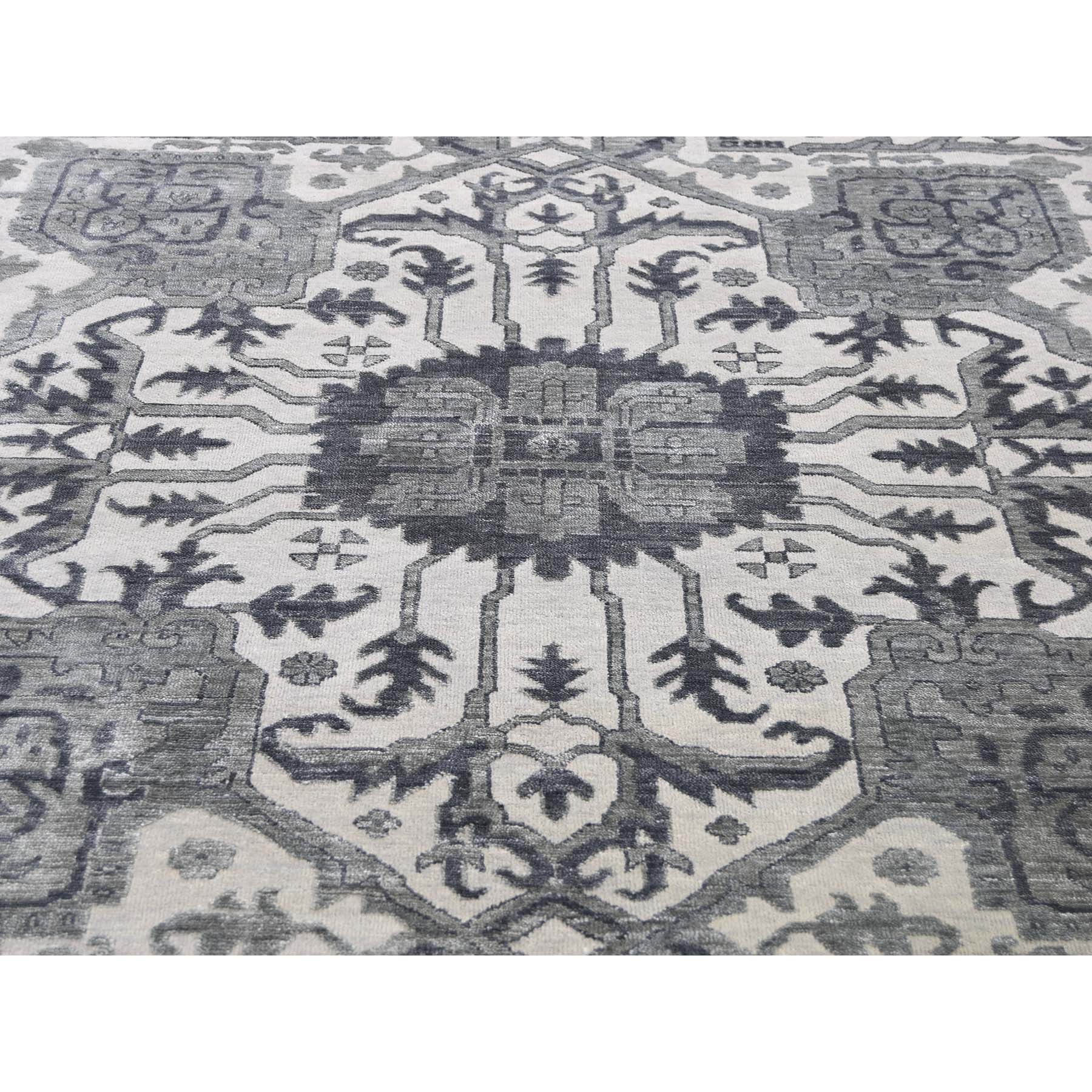 10-x14- Silver Heriz Design Wool And Silk Hi-lo Pile Hand-Knotted Oriental Rug 