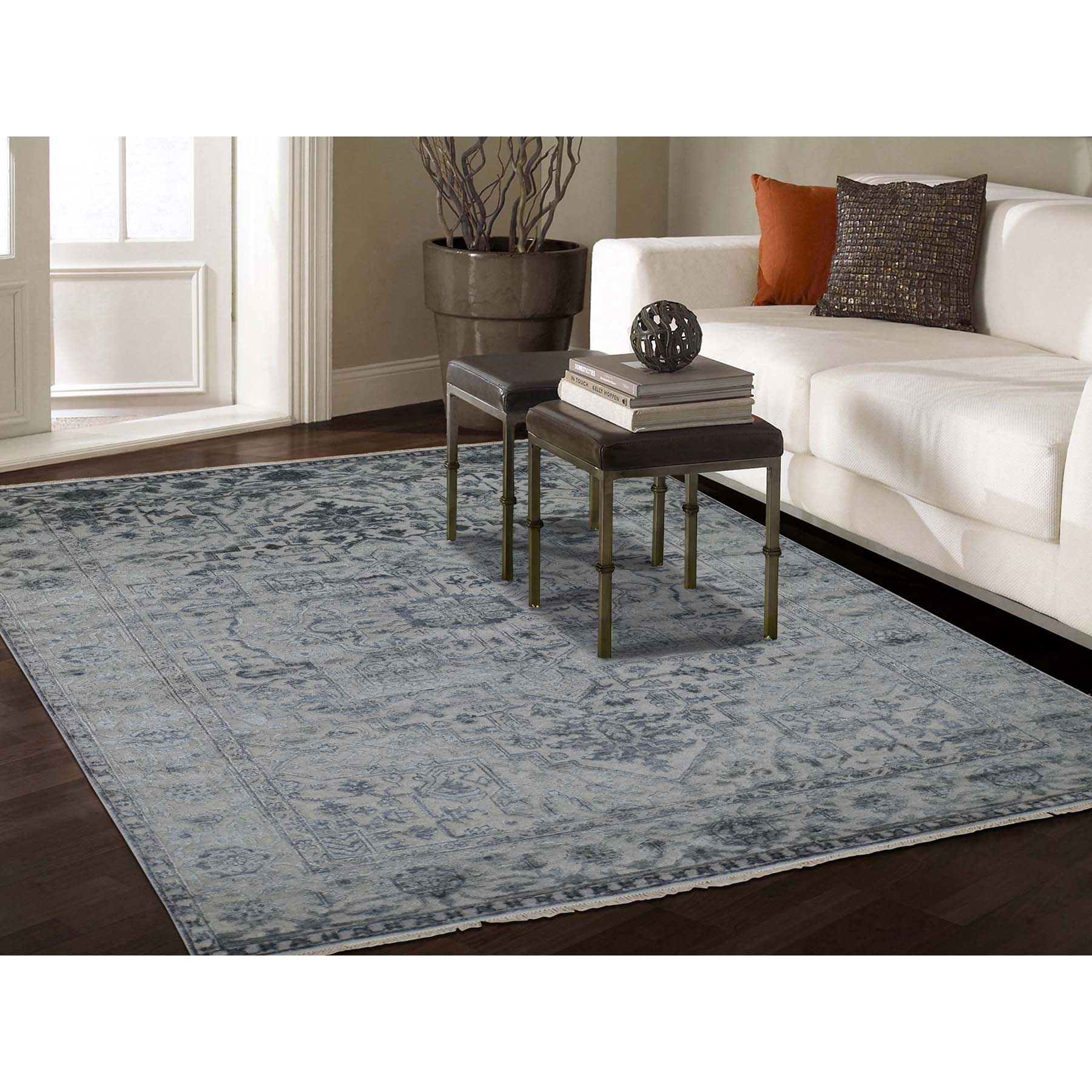 6-x9-1  Silver Heriz Design Wool And Silk Hi-lo Pile Hand-Knotted Oriental Rug 