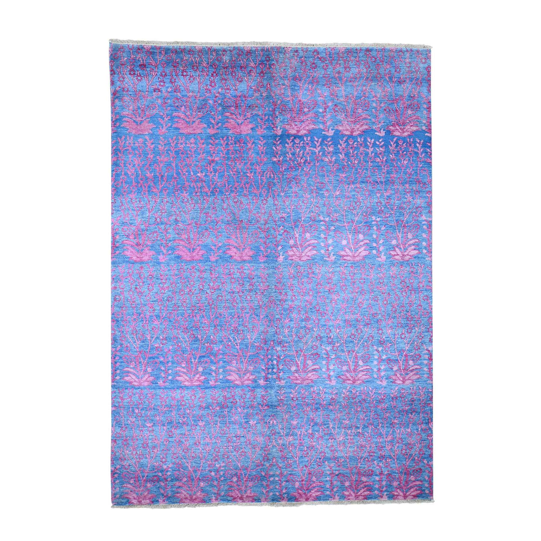5-8 x8- Art Silk Transitional Hand-Knotted Denim Blue Fine Oriental Rug 
