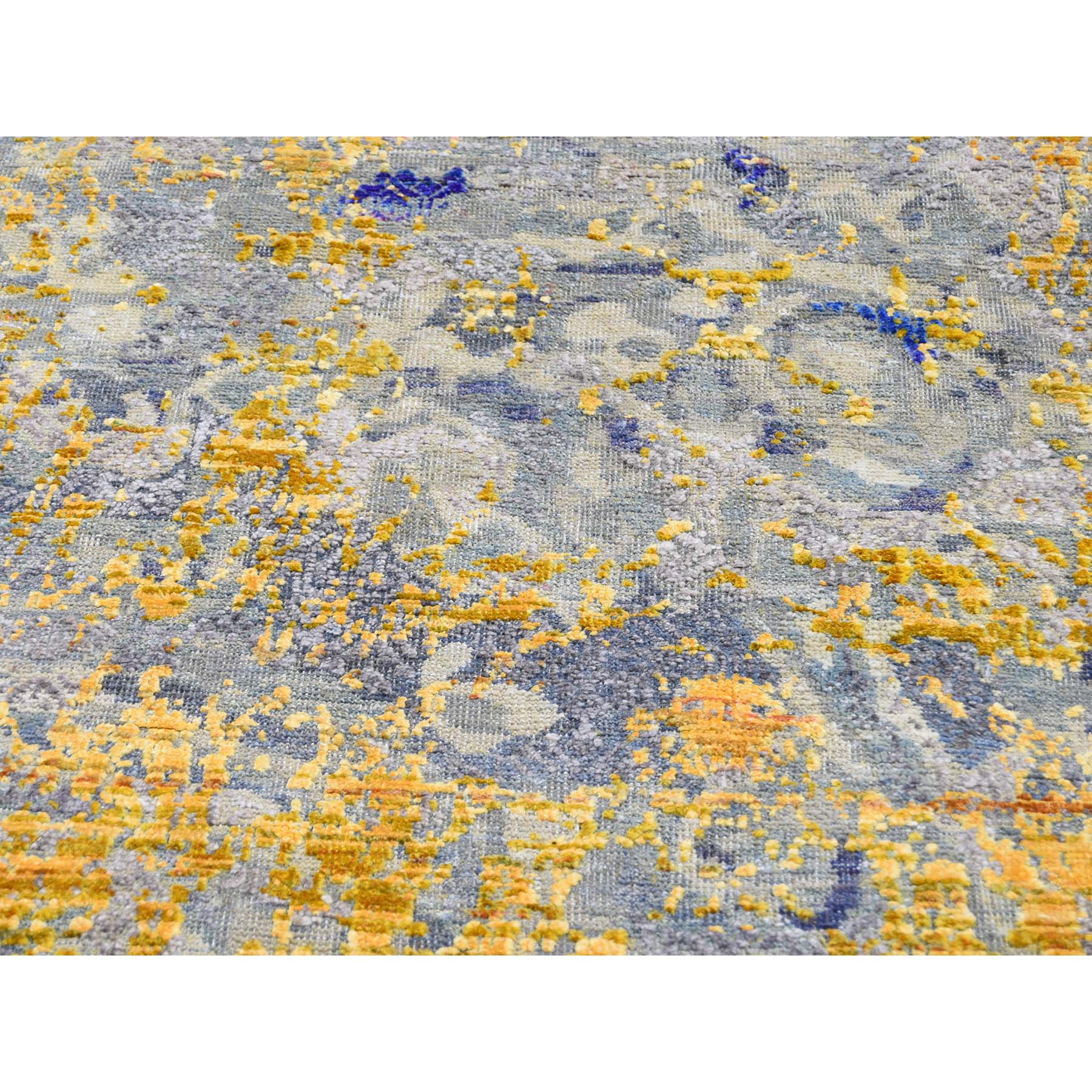 8-10 x12-5  Sari Silk With Textured Wool Yellow & Navy Blue hand-Knotted Oriental Rug 
